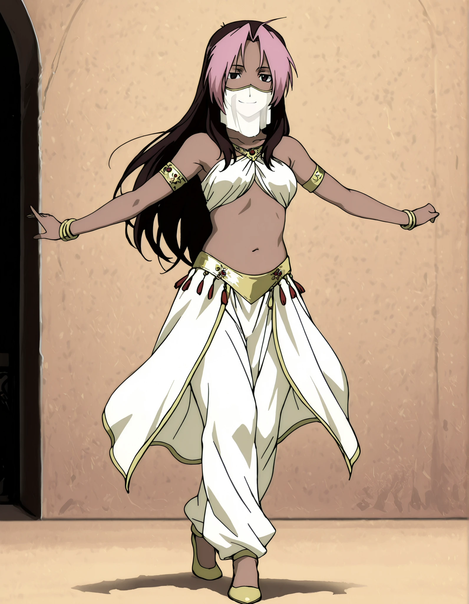 (1girl:1 . 5) , (Seul:1 . 5) , score_9 , score_8_haut , score_7_haut , source_anime , Official work  , ultra-detailed , masterpiece , best quality , high resolution , beaux yeux , detailed eyes , Detailed face , beautiful detailed eyes,1girl,long hair, brown hair, pink hair, ahoge, multicolored hair, dark skin, two-tone hair, dark-skinned female, split-color hair, dyed bangs,FullMetal Alchemist,Rose Tomas,Arabian Clothes , Arabian Dancer Outfit ,belly dancer costume,belly dancer outfit ,full body,golden jewelery,mouth veil,armlet, belly dancing,arabian theater,seductive smile, dancing with veil, dynamic movement,dance posture, seductive pose