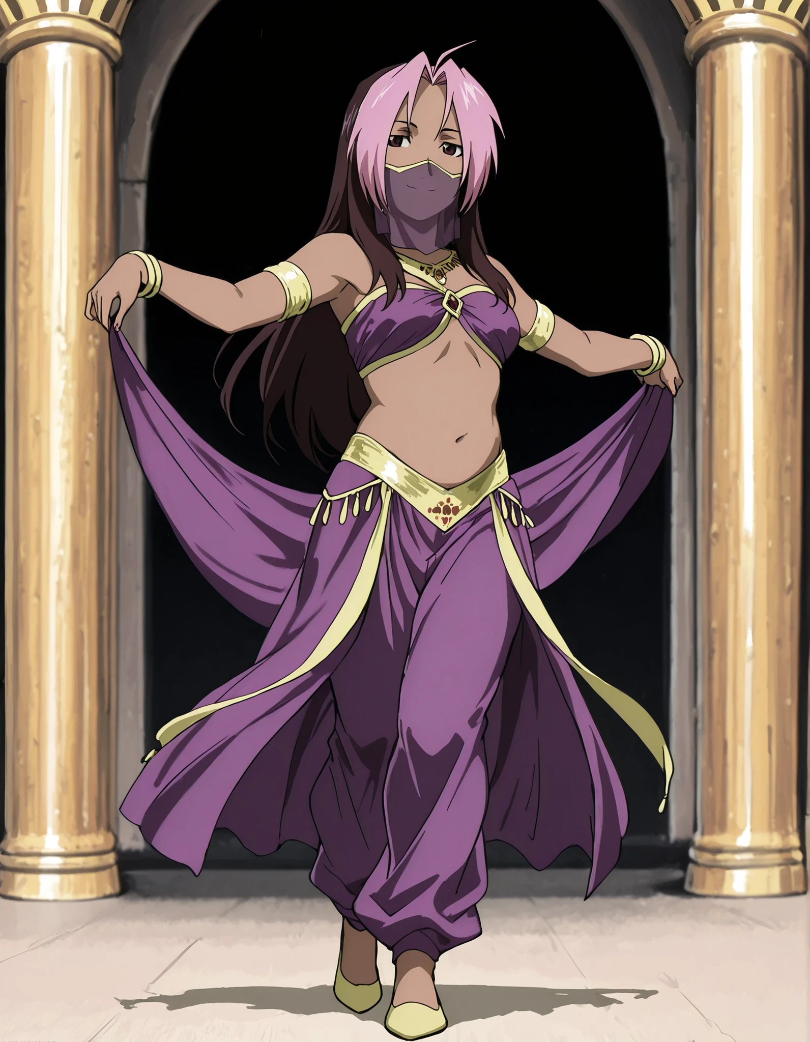 (1girl:1 . 5) , (Seul:1 . 5) , score_9 , score_8_haut , score_7_haut , source_anime , Official work  , ultra-detailed , masterpiece , best quality , high resolution , beaux yeux , detailed eyes , Detailed face , beautiful detailed eyes,1girl,long hair, brown hair, pink hair, ahoge, multicolored hair, dark skin, two-tone hair, dark-skinned female, split-color hair, dyed bangs,FullMetal Alchemist,Rose Tomas,Arabian Clothes , Arabian Dancer Outfit ,belly dancer costume,belly dancer outfit ,full body,golden jewelery,mouth veil,armlet, belly dancing,arabian theater,seductive smile, dancing with veil, dynamic movement,dance posture, seductive pose