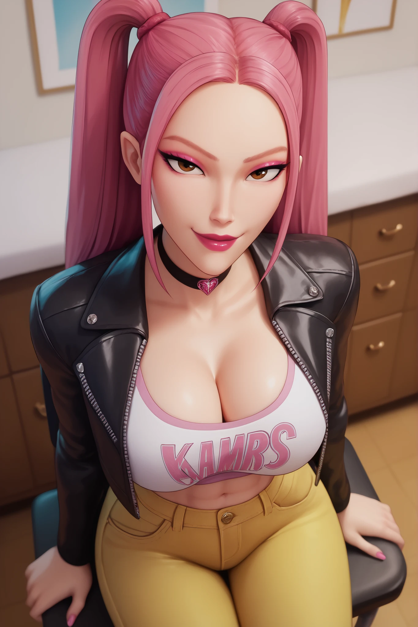 BREAK, score_6_up, score_7_up, score_8_up, score_9, 1girl, solo, kpdh_m1ra, long hair, dark pink hair, brown eyes, twintails, black choker, lipstick, makeup, official KPop Demon Hunters aesthetic, , busty, cleavage, curvy, athletic, looking at viewer, seducing viewer, teasing viewer,  expression, smiling, closed mouth, bedroom eyes, black leather jacket, pink crop top, yellow jeans, indoors, bedroom, sitting in chair, closeup, portrait, upper body, high-angle view, pink eyeshadow