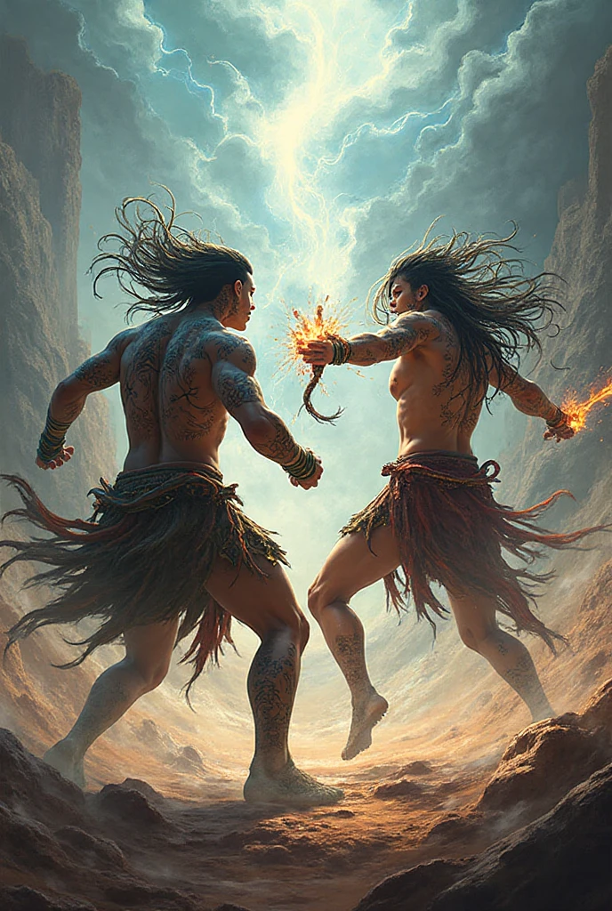 Barbarian with dark brown long hair, without armor and in the skin of a beast, with a bear amulet, two-handed sword, eye color - brown, dark skin, angular features symmetrical  features