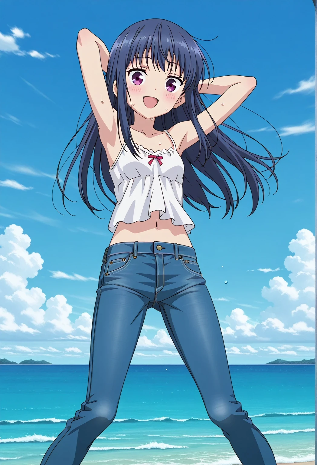 score_9, score_8_up, score_7_up, source_anime, highres, hi res, ((best quality, top quality, perfect quality, Highest Quality, amazing quality)), {{masterpiece}}, {{an extremely delicate and beautiful}}, 2d, intricate details, official style, anime, 8k, anime style, official_anime, official art, digital painting, cell shading, soft shading, high resolution, soothing tones, Subdued Color, Soft cinematic light, adobe lightroom, photolab, HDR, intricately and hyper-detailed, ((high quality animation)), 1 girl, Alone, solo, ((ocean)), tsunami, on the water, day, sunny, outdoors, sky, windy, rin shima, blue hair, purple eyes, long hair, sidelocks, anime screencap, small breasts, white camisole top, crop top, white crop top, best quality, hyper-detailed jeans, ((blue jeans:1.9)), (dark blue jeans:0.6), full medium body, medium shot, small mouth, Open mouth, smiling, happy face, blush, sweat, standing, ((arms behind head:6.0)), bowlegged, jumping pose, action, looking at viewer, spread legs, Bend knees slightly, straight-on front view
