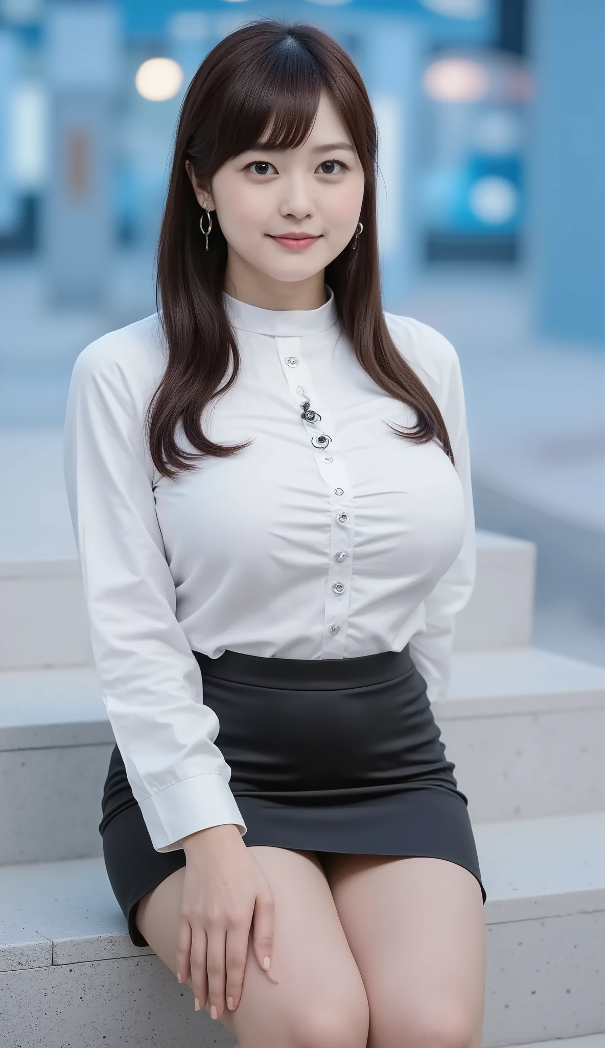 (((nude beige pantyhose、puff sleeve blouse with white collar、Black Micro Miniskirt、black patent leather pin heels、Pointed Toe Pumps)))、perfect hands、Weight: 60kg、big boobs、Bust 90cmF cup、shot from the tip of the foot、sitting on steps、long hair、straight hair、Loose bangs、is looking at the camera、Japanese Goddess、Teenage Girls、 plump thighs、  plump calves、happy expression、Relaxed Posture、studio setup is modern、behind the screen is a bright blue wall display、TV studio backdrop、neutral studio space visible、composition taken from my feet、The point of view is centered on the subject's back、 in the center of the image 、There are no strong shadows、the room is brightly lit