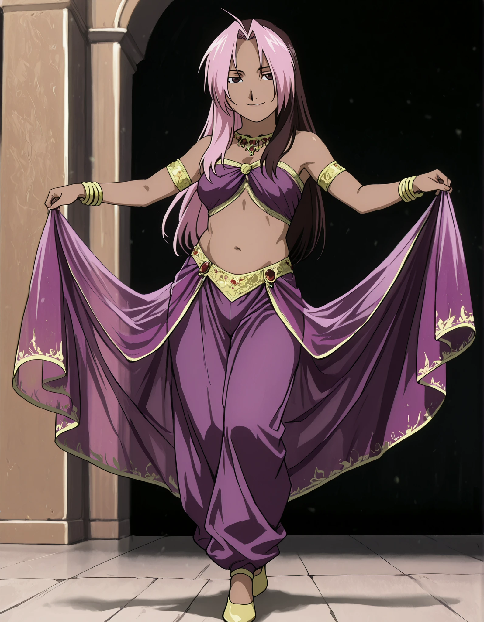 (1girl:1 . 5) , (Seul:1 . 5) , score_9 , score_8_haut , score_7_haut , source_anime , Official work , ultra-detailed , masterpiece , best quality , high resolution , beaux yeux , detailed eyes , Detailed face , beautiful detailed eyes,1girl,long hair, brown hair, pink hair, ahoge, multicolored hair, dark skin, two-tone hair, dark-skinned female, split-color hair, dyed bangs,FullMetal Alchemist,Rose Tomas,Arabian Clothes , Arabian Dancer Outfit ,belly dancer costume,belly dancer outfit ,full body,golden jewelery,armlet, belly dancing,arabian theater,seductive smile, dancing with veil, dynamic movement,dance posture, seductive pose