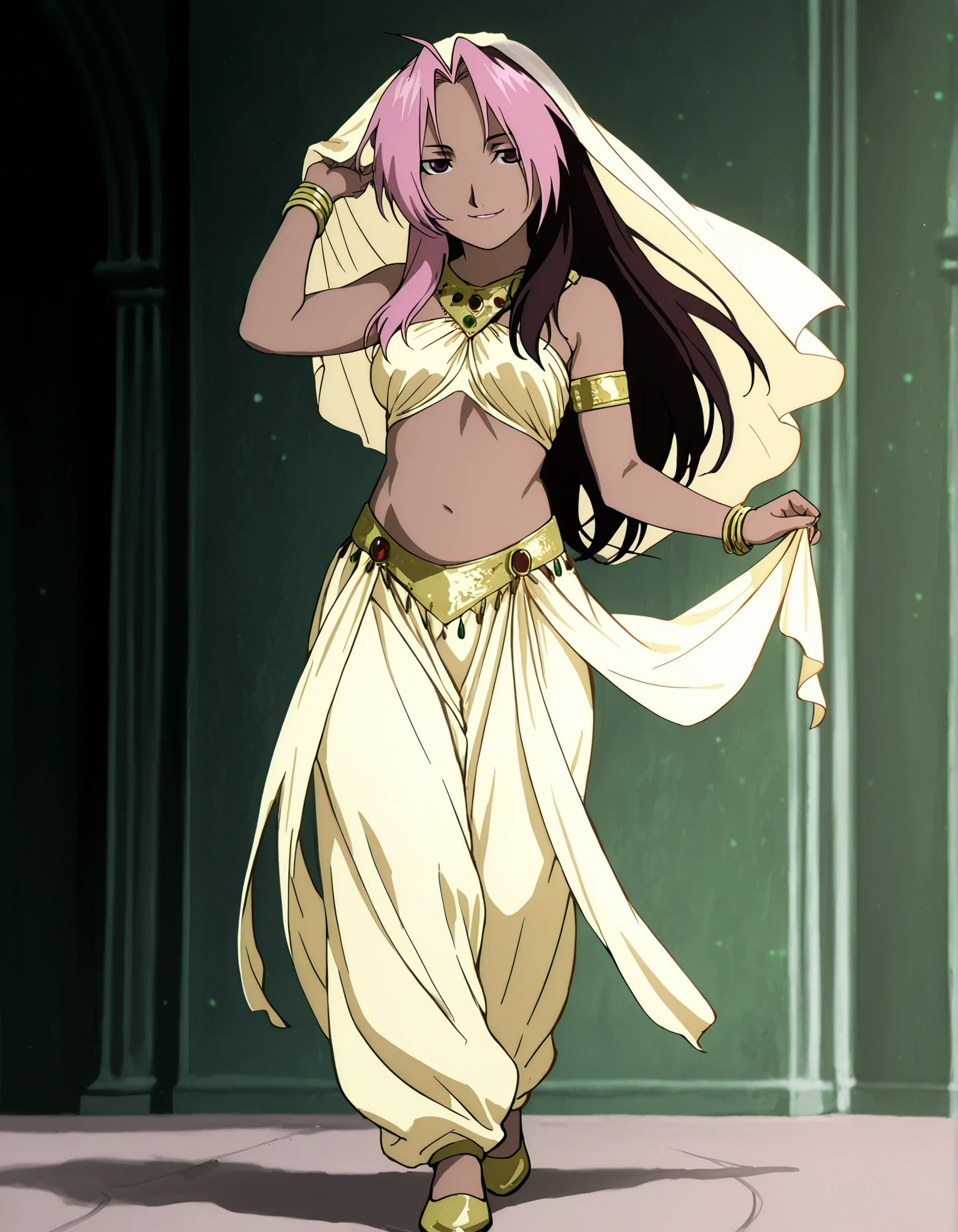 (1girl:1 . 5) , (Seul:1 . 5) , score_9 , score_8_haut , score_7_haut , source_anime , Official work  , ultra-detailed , masterpiece , best quality , high resolution , beaux yeux , detailed eyes , Detailed face , beautiful detailed eyes,1girl,long hair, brown hair, pink hair, ahoge, multicolored hair, dark skin, two-tone hair, dark-skinned female, split-color hair, dyed bangs,FullMetal Alchemist,Rose Tomas,Arabian Clothes , Arabian Dancer Outfit ,belly dancer costume,belly dancer outfit ,full body,golden jewelery,armlet, belly dancing,arabian theater,seductive smile, dancing with veil, dynamic movement,dance posture, seductive pose