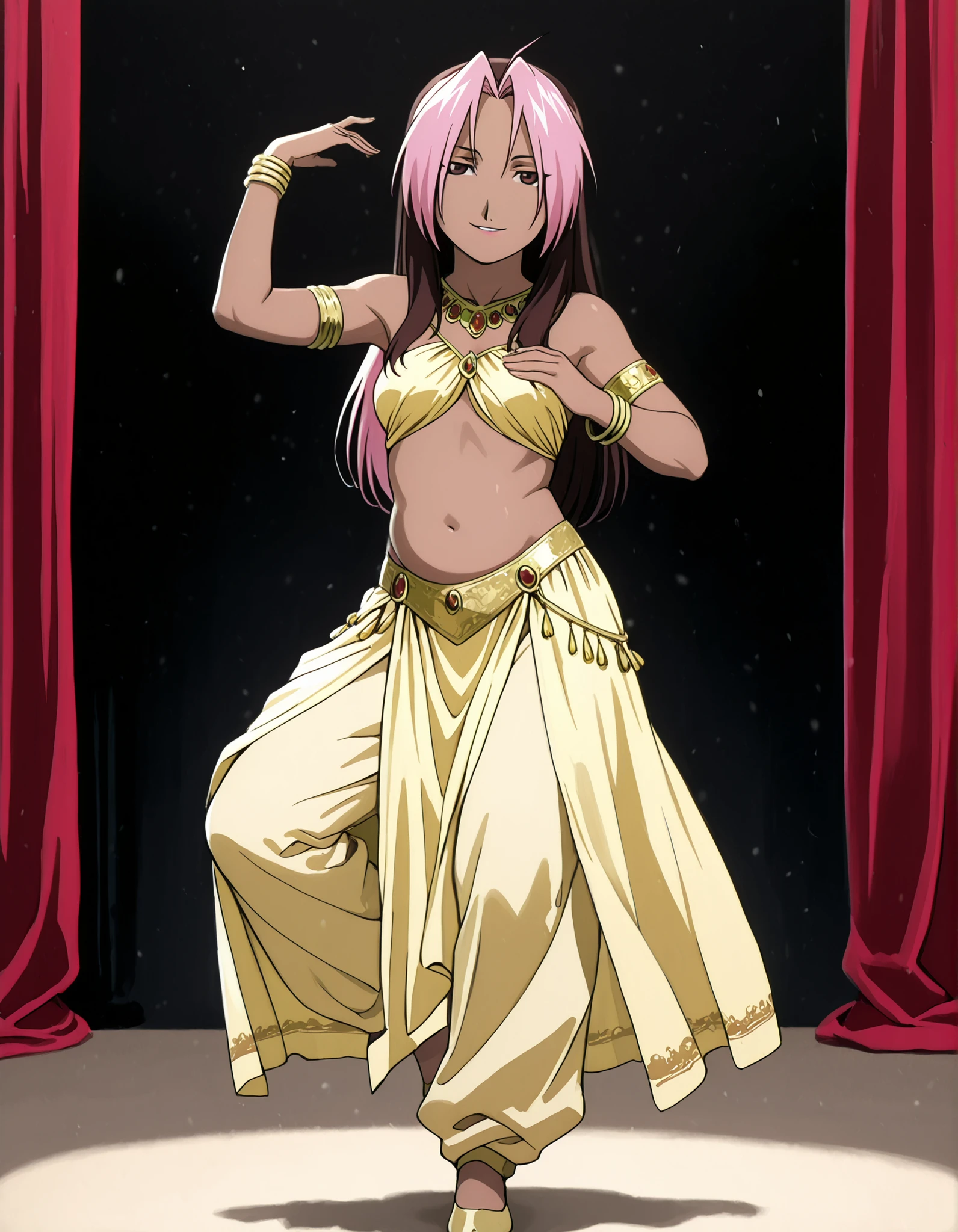 (1girl:1 . 5) , (Seul:1 . 5) , score_9 , score_8_haut , score_7_haut , source_anime , Official work , ultra-detailed , masterpiece , best quality , high resolution , beaux yeux , detailed eyes , Detailed face , beautiful detailed eyes,1girl,long hair, brown hair, pink hair, ahoge, multicolored hair, dark skin, two-tone hair, dark-skinned female, split-color hair, dyed bangs,FullMetal Alchemist,Rose Tomas,Arabian Clothes , Arabian Dancer Outfit ,belly dancer costume,belly dancer outfit ,full body,golden jewelery,armlet, belly dancing,arabian theater,seductive smile, dancing with veil, dynamic movement,dance posture, seductive pose