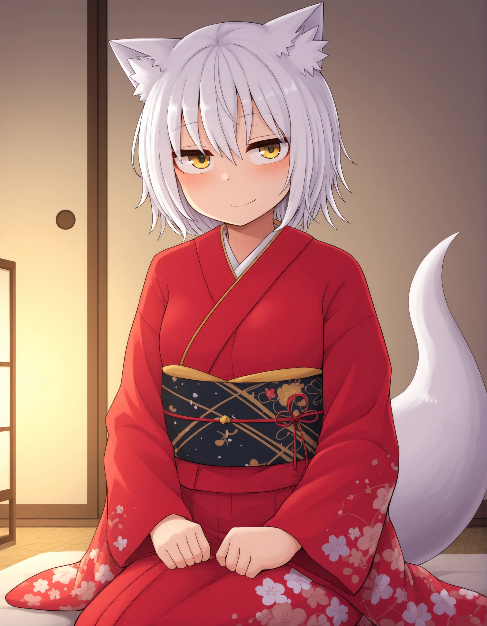 ldl,, foxgirl, fox girl, fox ears, fox tail, animal ears, tail, white hair, short hair, kimono,