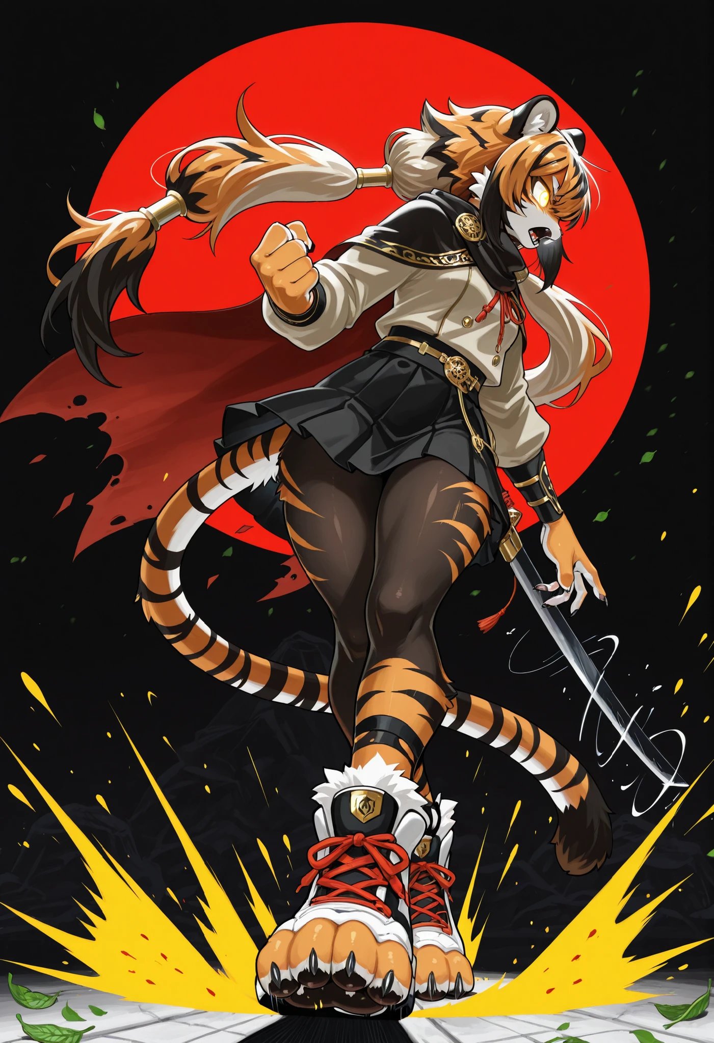 1girl, lori,monster girl,orange Tiger girl,(((Furry Hands 腕,Furry Hands ,fur feet ))),(claw),Tiger_ear,Tiger_Tail,(unkempt hair),low twinTail,red and black striped fur,赤いTigerfurry,whole,Gold Eyes,Slit Student , 赤いScarf,fist, profile ,serious,Open His Mouth, masterpiece:1.3,Highest Quality, as pictured, Ultra High Definition、　Highest Quality,super detailed, Resolution,Extremely Detailed CG,8k, standing,Stylish Poses, perspective, Extreme Perspective, Blonde、Blondeストレートロングヘア、sharp eye、, whose lower back moves with pleasure, is looking here、Black Background、glowing eyes,Damaged Skin and Clothes,Fighting Poses,Dynamic Poses,threatening appearance,motion blur,punch,highly detailed hatching:1.2,accurate 5 fingers,face focus,Black Skirt,black tights for hypnosis,Sneakers, cute,748cm style, ink painting style, White ink , black ink, yellow ink, has a dynamic configuration, Dynamic Poses, single illustration of a woman in a warm cloak, Girl waving a needle, 1girl, クマのear, Scarf, very long hair, single illustration of a woman with spikes and rebellious hair, throwing countless sharp needles, Beige hair before sitting, masterpiece, Cinematic Illustration,  /k.s† — <Akakitsune>,Black_pantyhose, boots, single katana mid-slash, sparks and slicing wind, gentle furious gaze, swirling dust and leaves, Red Shadow Contrast, graceful and fatal beauty