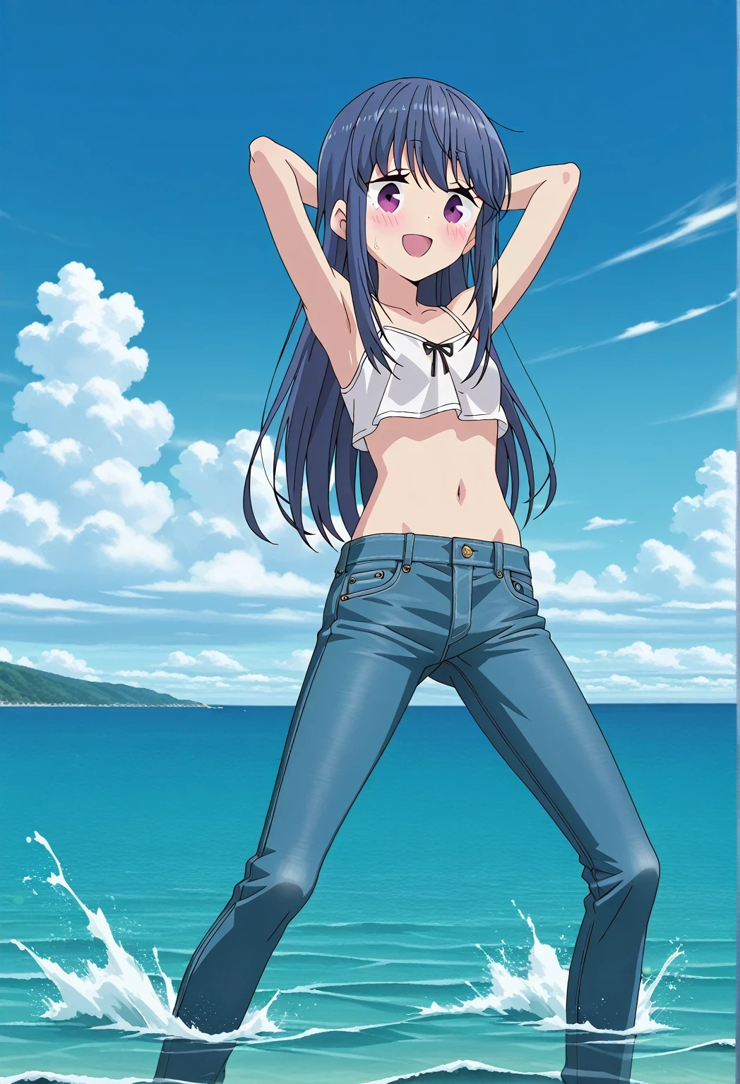 score_9, score_8_up, score_7_up, source_anime, highres, hi res, ((best quality, top quality, perfect quality, Highest Quality, amazing quality)), {{masterpiece}}, {{an extremely delicate and beautiful}}, 2d, intricate details, official style, anime, 8k, anime style, official_anime, official art, digital painting, cell shading, soft shading, high resolution, soothing tones, Subdued Color, Soft cinematic light, adobe lightroom, photolab, HDR, intricately and hyper-detailed, ((high quality animation)), 1 girl, Alone, solo, ((ocean)), tsunami, on the water, day, sunny, outdoors, sky, windy, rin shima, Yurucamp, blue hair, purple eyes, long hair, sidelocks, anime screencap, small breasts, white camisole top, crop top, white crop top, best quality, hyper-detailed jeans, ((blue jeans:1.9)), (dark blue jeans:0.6), full medium body, medium shot, small mouth, Open mouth, smiling, happy face, blush, sweat, standing, ((arms behind head:6.0)), bowlegged, sliding pose, action, looking at viewer, spread legs, Bend knees slightly, straight-on front view