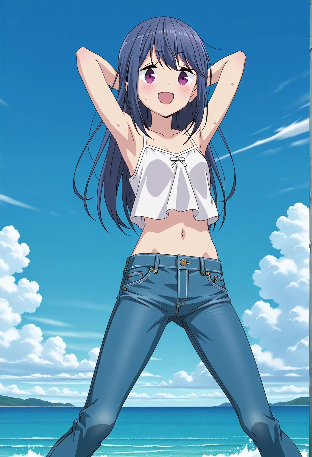 score_9, score_8_up, score_7_up, source_anime, highres, hi res, ((best quality, top quality, perfect quality, Highest Quality, amazing quality)), {{masterpiece}}, {{an extremely delicate and beautiful}}, 2d, intricate details, official style, anime, 8k, anime style, official_anime, official art, digital painting, cell shading, soft shading, high resolution, soothing tones, Subdued Color, Soft cinematic light, adobe lightroom, photolab, HDR, intricately and hyper-detailed, ((high quality animation)), 1 girl, Alone, solo, ((ocean)), tsunami, on the water, day, sunny, outdoors, sky, windy, rin shima, Yurucamp, blue hair, purple eyes, long hair, sidelocks, anime screencap, small breasts, white camisole top, crop top, white crop top, best quality, hyper-detailed jeans, ((blue jeans:1.9)), (dark blue jeans:0.6), full medium body, medium shot, small mouth, Open mouth, smiling, happy face, blush, sweat, standing, ((arms behind head:6.0)), bowlegged, sliding pose, action, looking at viewer, spread legs, Bend knees slightly, straight-on front view
