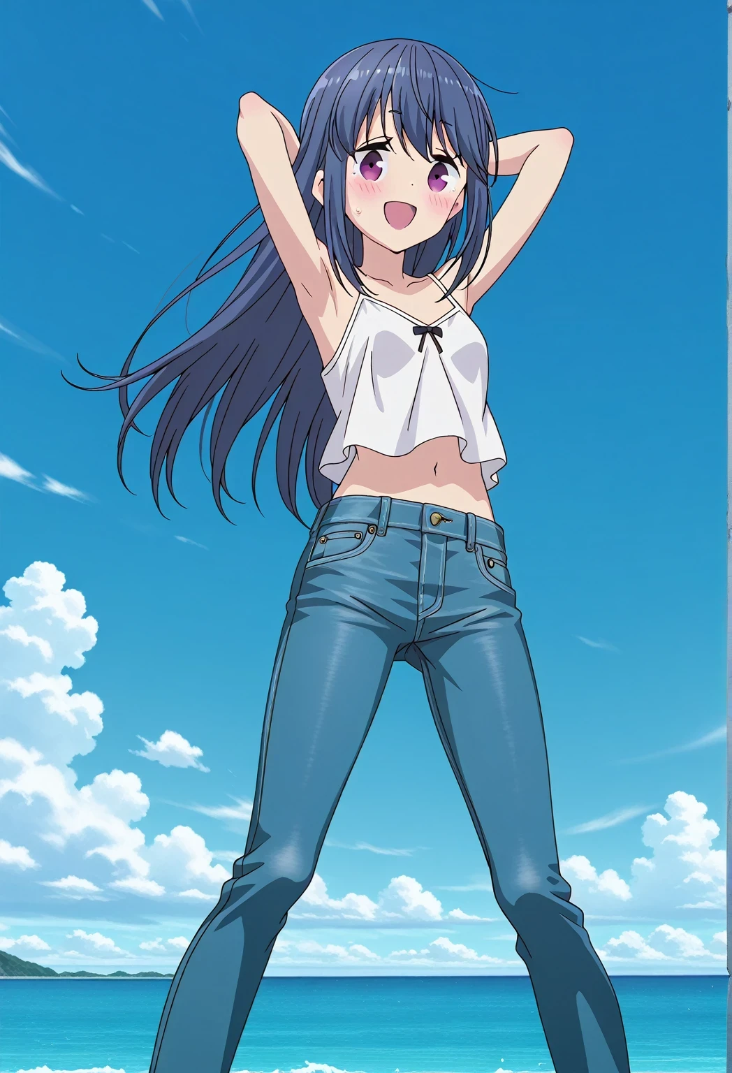 score_9, score_8_up, score_7_up, source_anime, highres, hi res, ((best quality, top quality, perfect quality, Highest Quality, amazing quality)), {{masterpiece}}, {{an extremely delicate and beautiful}}, 2d, intricate details, official style, anime, 8k, anime style, official_anime, official art, digital painting, cell shading, soft shading, high resolution, soothing tones, Subdued Color, Soft cinematic light, adobe lightroom, photolab, HDR, intricately and hyper-detailed, ((high quality animation)), 1 girl, Alone, solo, ((ocean)), tsunami, on the water, day, sunny, outdoors, sky, windy, rin shima, Yurucamp, blue hair, purple eyes, long hair, sidelocks, anime screencap, small breasts, white camisole top, crop top, white crop top, best quality, hyper-detailed jeans, ((blue jeans:1.9)), (dark blue jeans:0.6), full medium body, medium shot, small mouth, Open mouth, smiling, happy face, blush, sweat, standing, ((arms behind head:6.0)), bowlegged, jumping pose, action, looking at viewer, spread legs, Bend knees slightly, straight-on front view