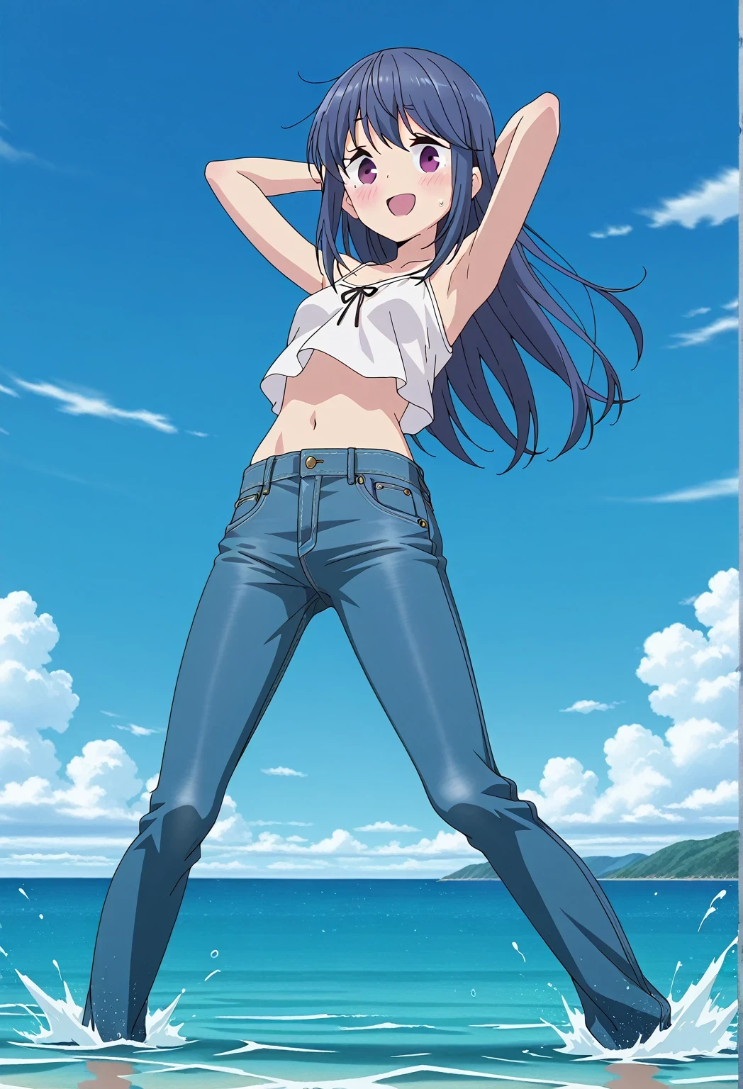 score_9, score_8_up, score_7_up, source_anime, highres, hi res, ((best quality, top quality, perfect quality, Highest Quality, amazing quality)), {{masterpiece}}, {{an extremely delicate and beautiful}}, 2d, intricate details, official style, anime, 8k, anime style, official_anime, official art, digital painting, cell shading, soft shading, high resolution, soothing tones, Subdued Color, Soft cinematic light, adobe lightroom, photolab, HDR, intricately and hyper-detailed, ((high quality animation)), 1 girl, Alone, solo, ((ocean)), tsunami, on the water, day, sunny, outdoors, sky, windy, rin shima, Yurucamp, blue hair, purple eyes, long hair, sidelocks, anime screencap, small breasts, white camisole top, crop top, white crop top, best quality, hyper-detailed jeans, ((blue jeans:1.9)), (dark blue jeans:0.6), full medium body, medium shot, small mouth, Open mouth, smiling, happy face, blush, sweat, standing, ((arms behind head:6.0)), bowlegged, jumping pose, action, looking at viewer, spread legs, Bend knees slightly, straight-on front view