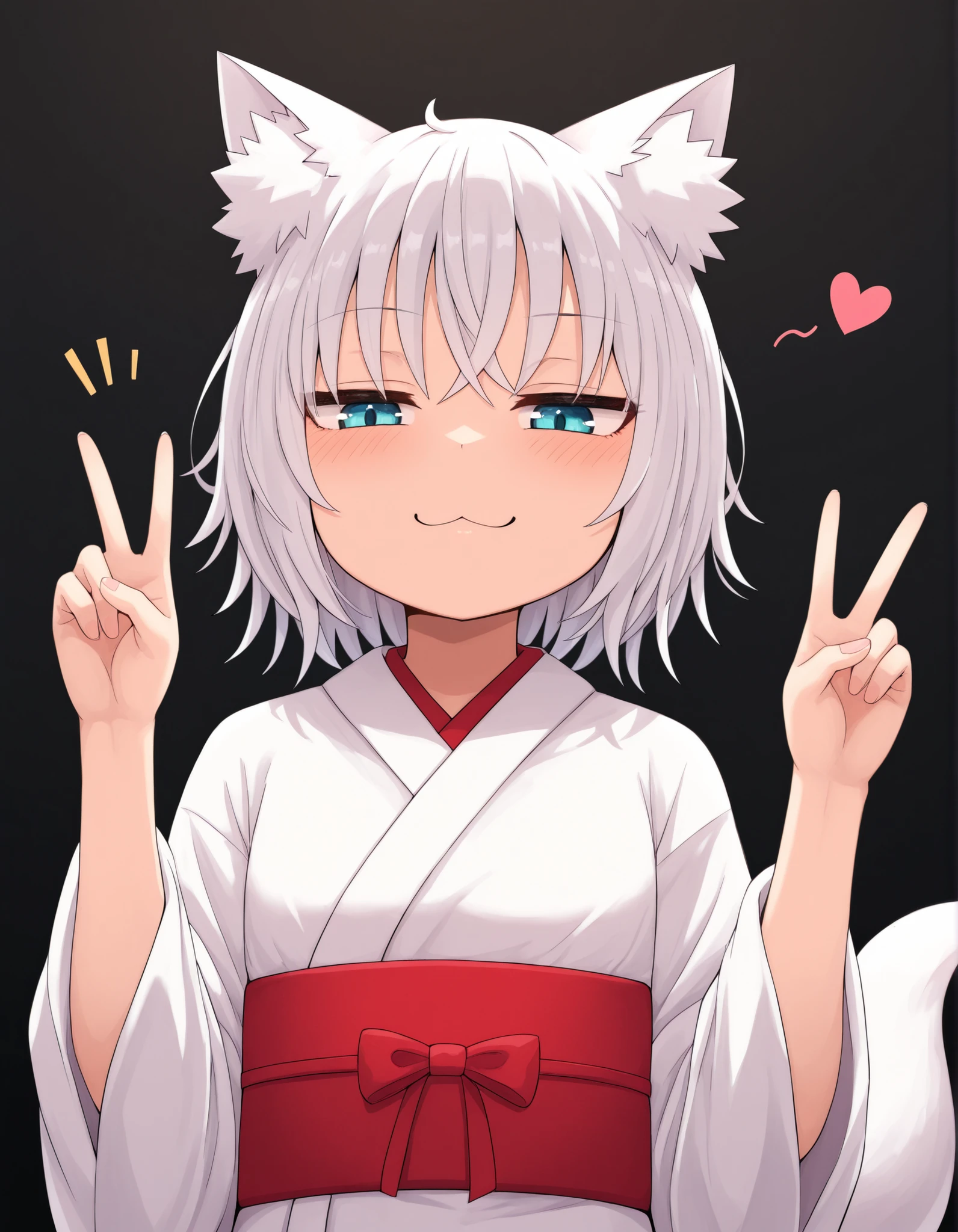 ldl,, 1girl, foxgirl, fox girl, fox ears, fox tail, animal ears, tail, white hair, short hair, kimono, white kimono, red belt, safe, rating_safe, wearing clothes, covered body, :3, smug, happy, cute,, V sign, hand toward, peace sign, V fingers, fingers, V symbol,, black background