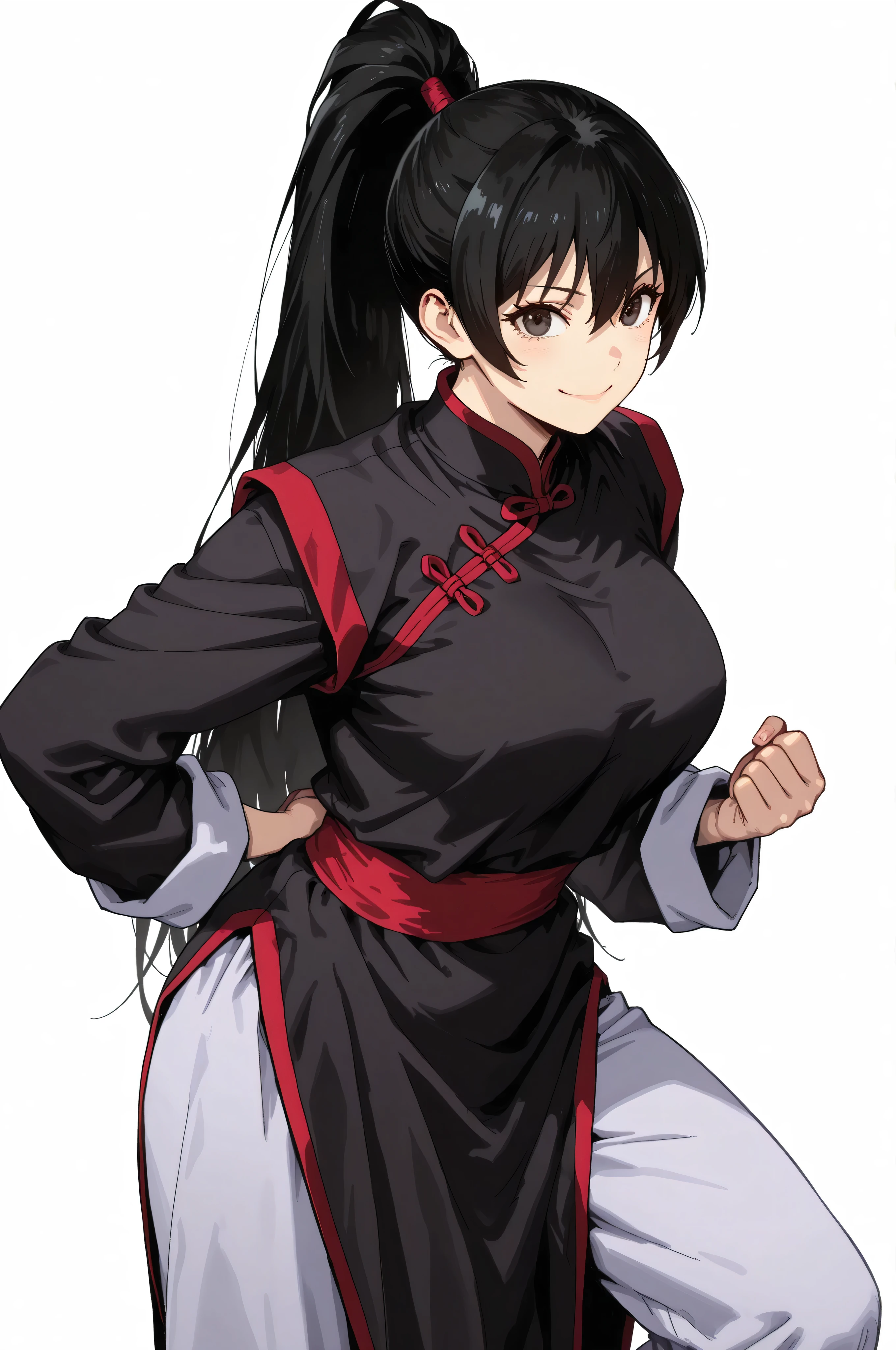 gsfghtr, multicolored robe, chinese clothes,KungFuUniform,score_9, score_8_up, score_7_up, gsfghtr, 1girl, smile serious, long ponytail, kohei horitoshi, white background, mature female, breasts, kung fu master, view from head to thigh, hide arms inside sleeves, 