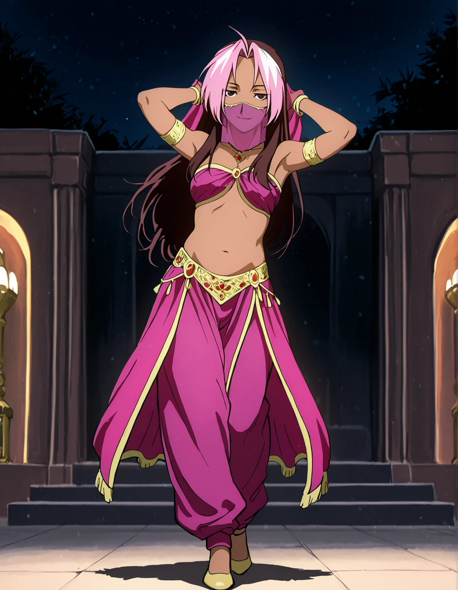 (1girl:1 . 5) , (Seul:1 . 5) , score_9 , score_8_haut , score_7_haut , source_anime , Official work  , ultra-detailed , masterpiece , best quality , high resolution , beaux yeux , detailed eyes , Detailed face , beautiful detailed eyes,1girl,long hair, brown hair, pink hair, ahoge, multicolored hair, dark skin, two-tone hair, dark-skinned female, split-color hair, dyed bangs,FullMetal Alchemist,Rose Tomas,Arabian Clothes , Arabian Dancer Outfit ,belly dancer costume,belly dancer outfit ,full body,golden jewelery,mouth veil,armlet, belly dancing,night,arabian garden,seductive smile, dancing with veil, dynamic movement,dance posture, seductive pose