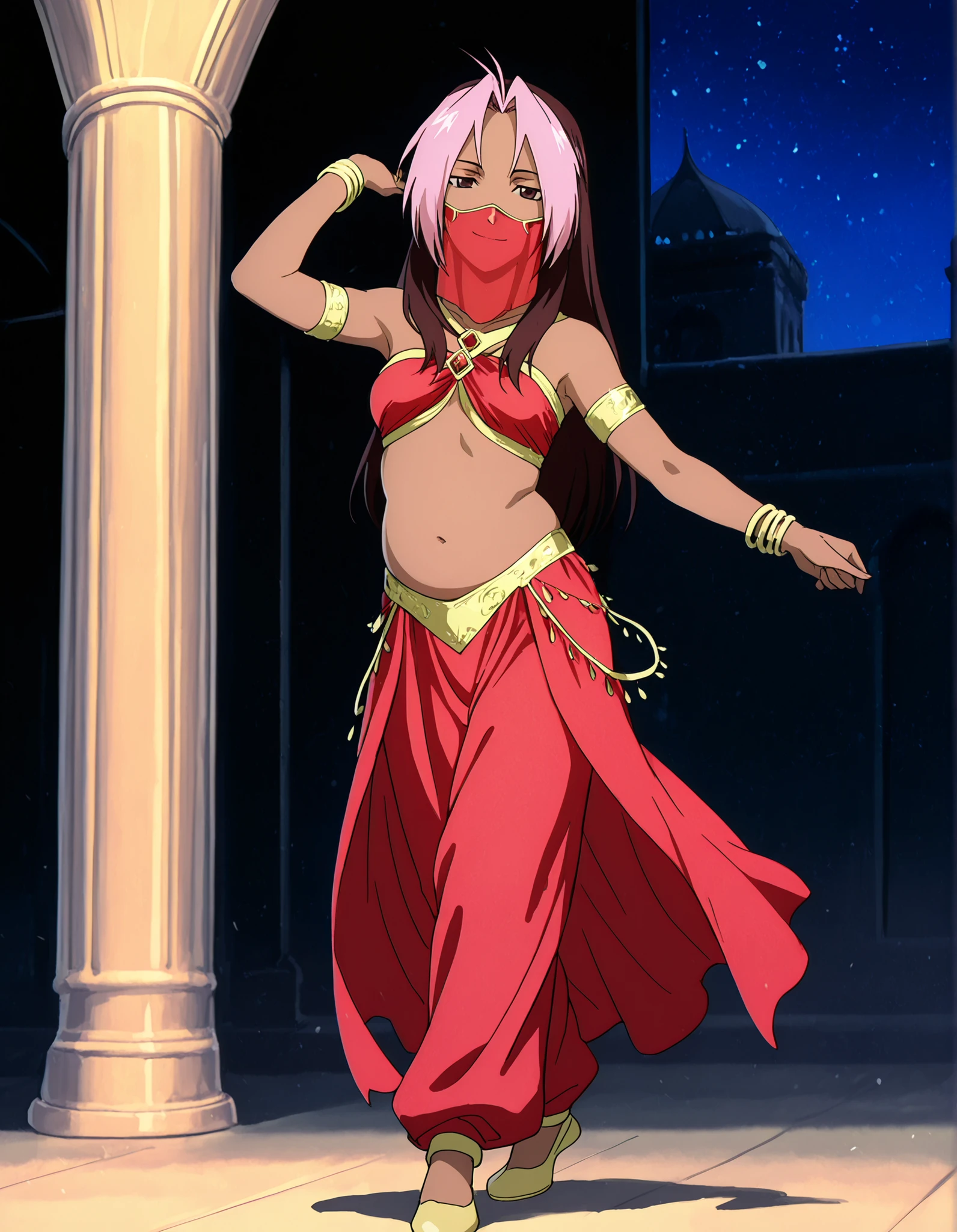 (1girl:1 . 5) , (Seul:1 . 5) , score_9 , score_8_haut , score_7_haut , source_anime , Official work  , ultra-detailed , masterpiece , best quality , high resolution , beaux yeux , detailed eyes , Detailed face , beautiful detailed eyes,1girl,long hair, brown hair, pink hair, ahoge, multicolored hair, dark skin, two-tone hair, dark-skinned female, split-color hair, dyed bangs,FullMetal Alchemist,Rose Tomas,Arabian Clothes , Arabian Dancer Outfit ,belly dancer costume,belly dancer outfit ,full body,golden jewelery,mouth veil,armlet, belly dancing,night,arabian garden,seductive smile, dancing with veil, dynamic movement,dance posture, seductive pose