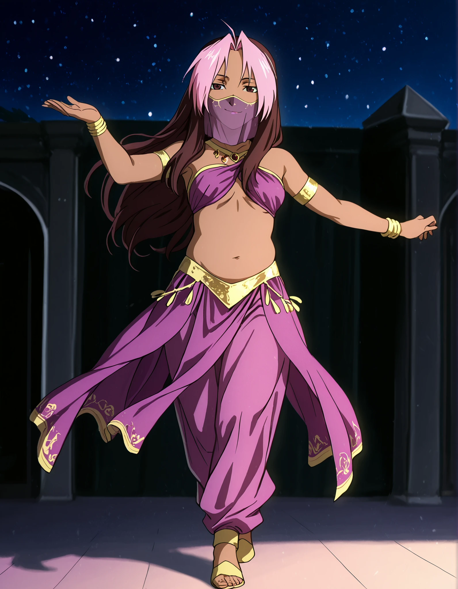 (1girl:1 . 5) , (Seul:1 . 5) , score_9 , score_8_haut , score_7_haut , source_anime , Official work  , ultra-detailed , masterpiece , best quality , high resolution , beaux yeux , detailed eyes , Detailed face , beautiful detailed eyes,1girl,long hair, brown hair, pink hair, ahoge, multicolored hair, dark skin, two-tone hair, dark-skinned female, split-color hair, dyed bangs,FullMetal Alchemist,Rose Tomas,Arabian Clothes , Arabian Dancer Outfit ,belly dancer costume,belly dancer outfit ,full body,golden jewelery,mouth veil,armlet, belly dancing,night,arabian garden,seductive smile, dancing with veil, dynamic movement,dance posture, seductive pose