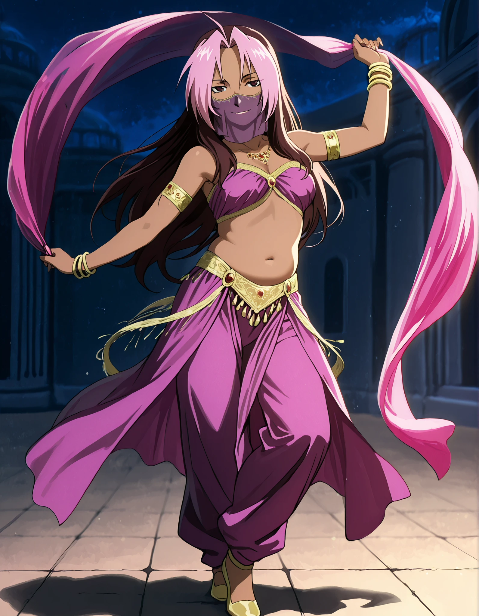 (1girl:1 . 5) , (Seul:1 . 5) , score_9 , score_8_haut , score_7_haut , source_anime , Official work , ultra-detailed , masterpiece , best quality , high resolution , beaux yeux , detailed eyes , Detailed face , beautiful detailed eyes,1girl,long hair, brown hair, pink hair, ahoge, multicolored hair, dark skin, two-tone hair, dark-skinned female, split-color hair, dyed bangs,FullMetal Alchemist,Rose Tomas,Arabian Clothes , Arabian Dancer Outfit ,belly dancer costume,belly dancer outfit ,full body,golden jewelery,mouth veil,armlet, belly dancing,night,arabian garden,seductive smile, dancing with veil, dynamic movement,dance posture, seductive pose