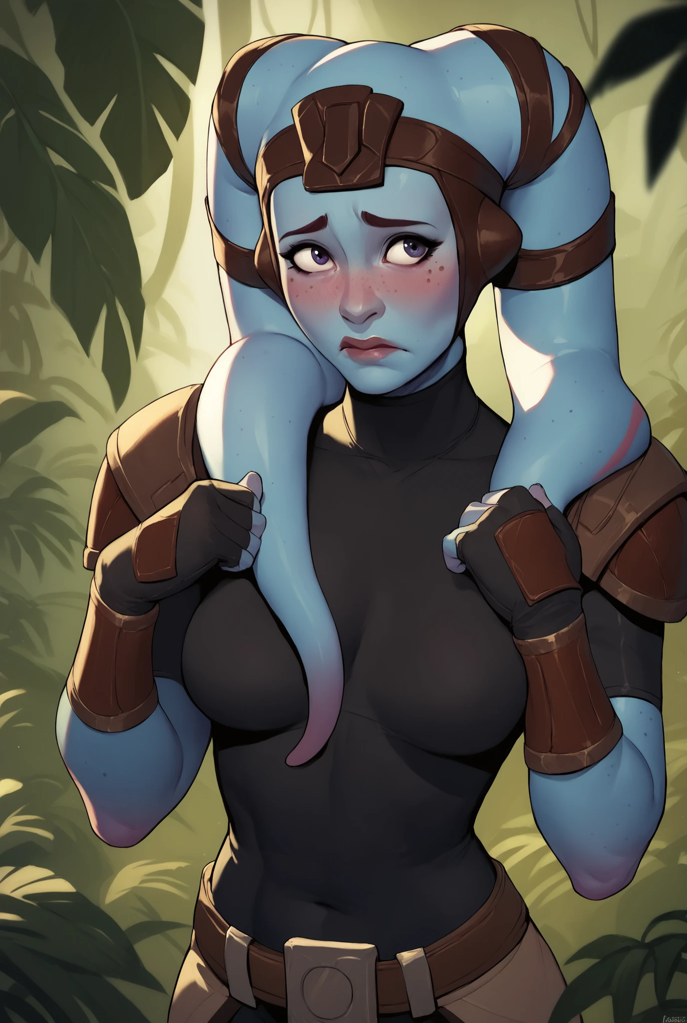Twi'lek, ((dark blue skin)), medium breasts, black bodysuit, shoulderpads, seductive pose, belt, ((shy)), freckles, (body freckles), ((jungle clearing))