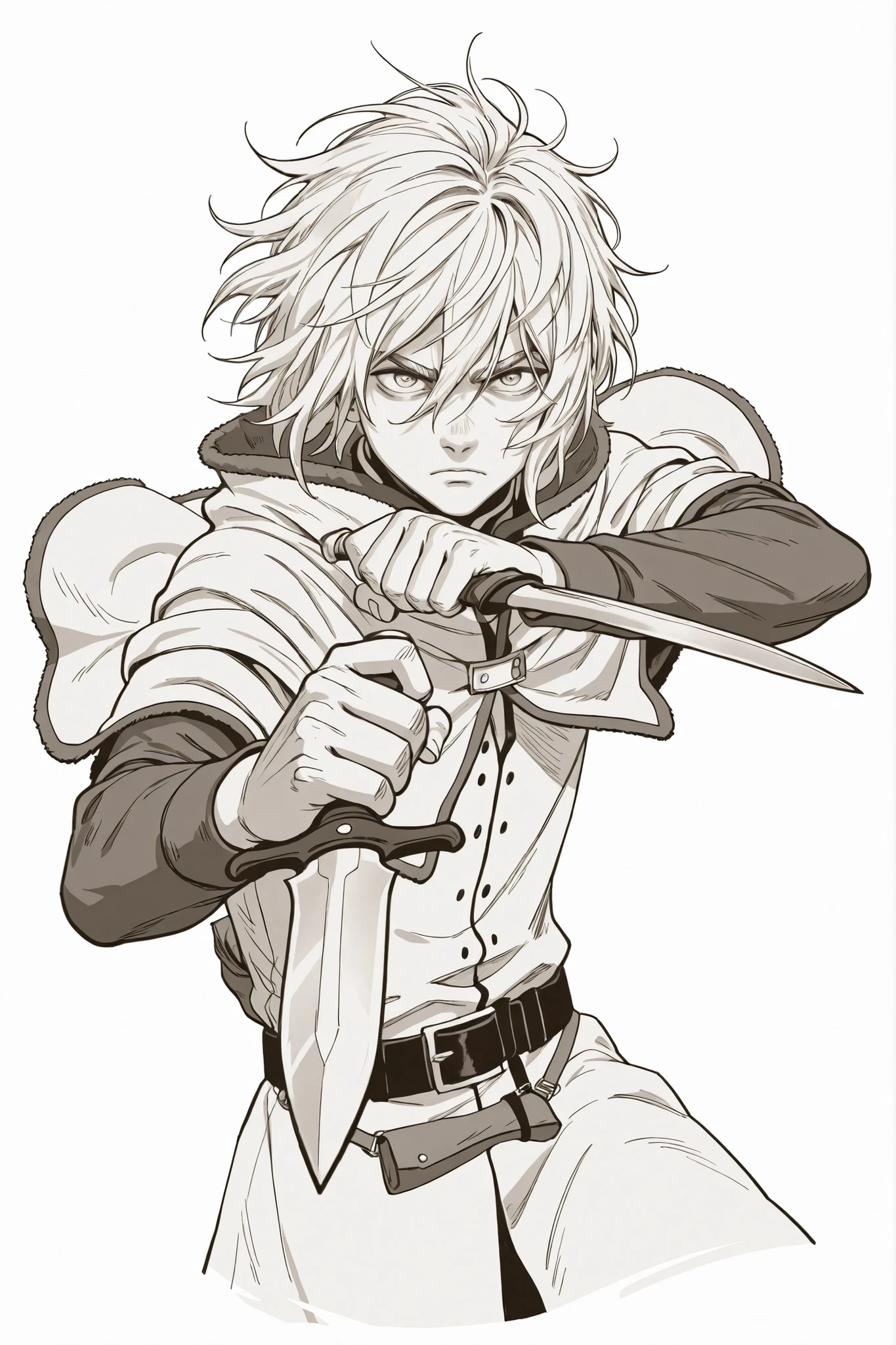 1boy, thorfinnvinland, hair between eyes, monochrome, holding dagger both hands, belt, hanging belt bag, looking at viewer, serious expression, young face, thick drawing outlines