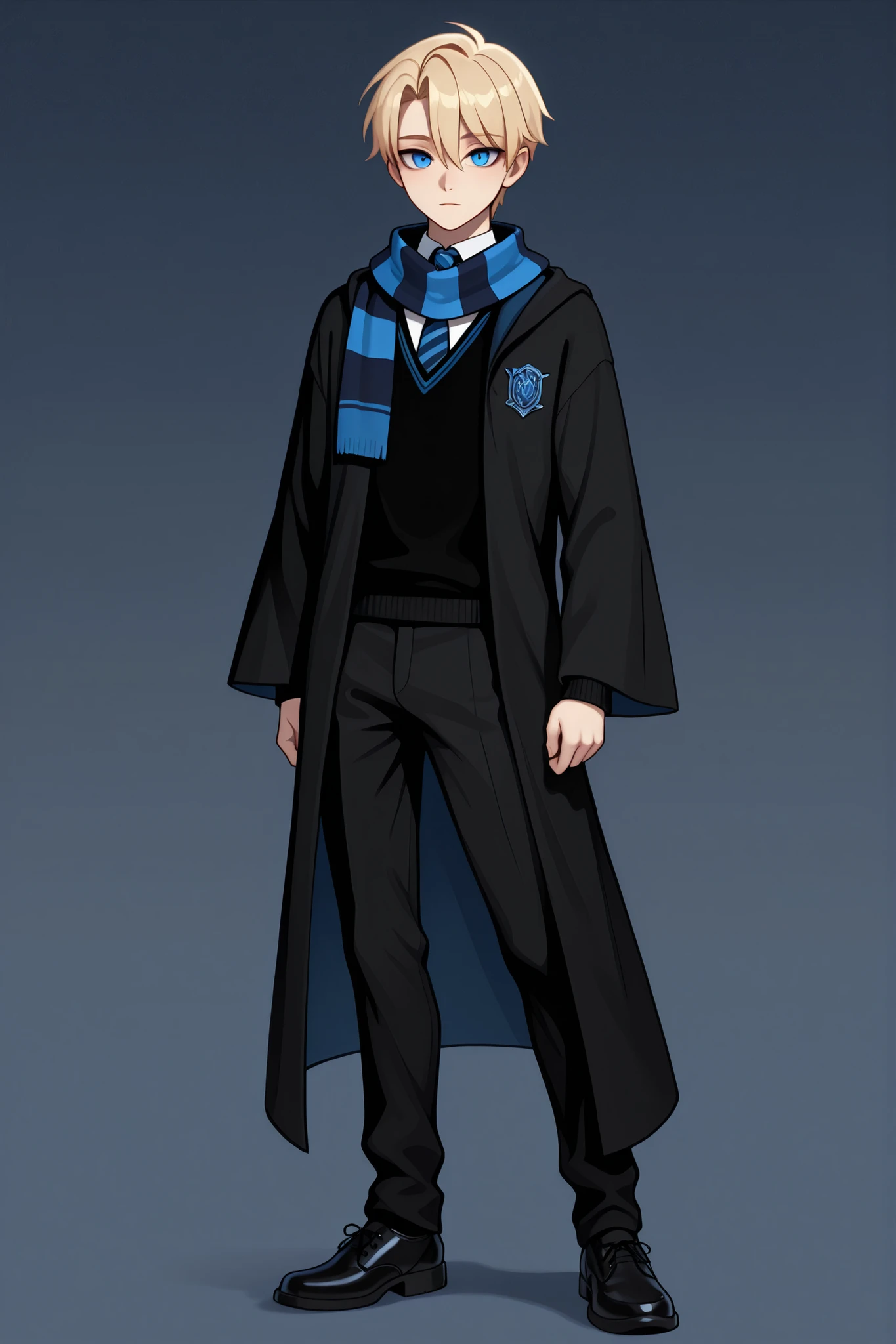 score_9, score_8_up, score_7_up, best quality, masterpiece, 4k resolution, 1boy, solo, youthful, full body, blonde hair, clean hair, tidy hair, neat hair, bangs, parted bangs, hair between eyes, short hair, blue eyes, sharp eyes, looking at viewer, confident posture, hogwarts uniform, ravenclaw, black robe, necktie, striped necktie, collared shirt, sweater, black pants, black sweater, dark blue scarf, wrapped scarf, black shoes, calm expression, cool expression,