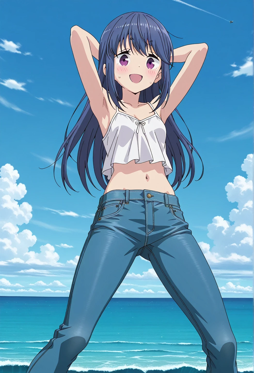 score_9, score_8_up, score_7_up, source_anime, highres, hi res, ((best quality, top quality, perfect quality, Highest Quality, amazing quality)), {{masterpiece}}, {{an extremely delicate and beautiful}}, 2d, intricate details, official style, anime, 8k, anime style, official_anime, official art, digital painting, cell shading, soft shading, high resolution, soothing tones, Subdued Color, Soft cinematic light, adobe lightroom, photolab, HDR, intricately and hyper-detailed, ((high quality animation)), 1 girl, Alone, solo, ((ocean)), tsunami, on the water, day, sunny, outdoors, sky, windy, rin shima, Yurucamp, blue hair, purple eyes, long hair, sidelocks, anime screencap, small breasts, white camisole top, crop top, white crop top, best quality, hyper-detailed jeans, ((blue jeans:1.9)), (dark blue jeans:0.6), full medium body, medium shot, small mouth, Open mouth, smiling, happy face, blush, sweat, standing, ((arms behind head:6.0)), bowlegged, sliding pose, action, looking at viewer, spread legs, Bend knees slightly, straight-on front view