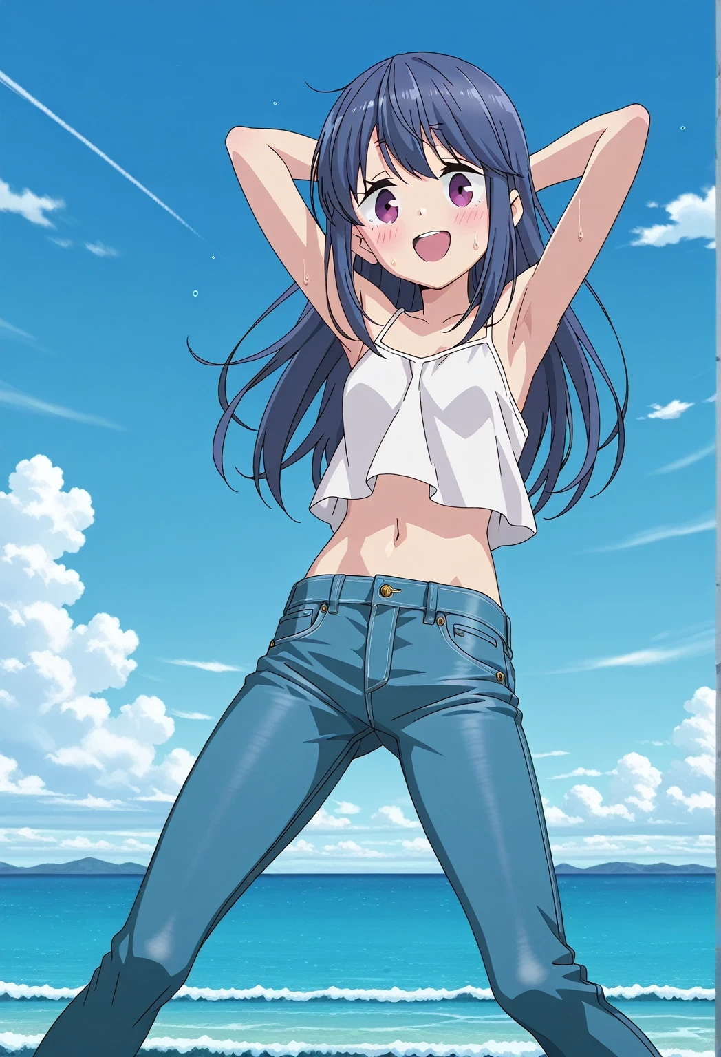 score_9, score_8_up, score_7_up, source_anime, highres, hi res, ((best quality, top quality, perfect quality, Highest Quality, amazing quality)), {{masterpiece}}, {{an extremely delicate and beautiful}}, 2d, intricate details, official style, anime, 8k, anime style, official_anime, official art, digital painting, cell shading, soft shading, high resolution, soothing tones, Subdued Color, Soft cinematic light, adobe lightroom, photolab, HDR, intricately and hyper-detailed, ((high quality animation)), 1 girl, Alone, solo, ((ocean)), tsunami, on the water, day, sunny, outdoors, sky, windy, rin shima, Yurucamp, blue hair, purple eyes, long hair, sidelocks, anime screencap, small breasts, white camisole top, crop top, white crop top, best quality, hyper-detailed jeans, ((blue jeans:1.9)), (dark blue jeans:0.6), full medium body, medium shot, small mouth, Open mouth, smiling, happy face, blush, sweat, standing, ((arms behind head:6.0)), bowlegged, jumping pose, action, looking at viewer, spread legs, Bend knees slightly, straight-on front view