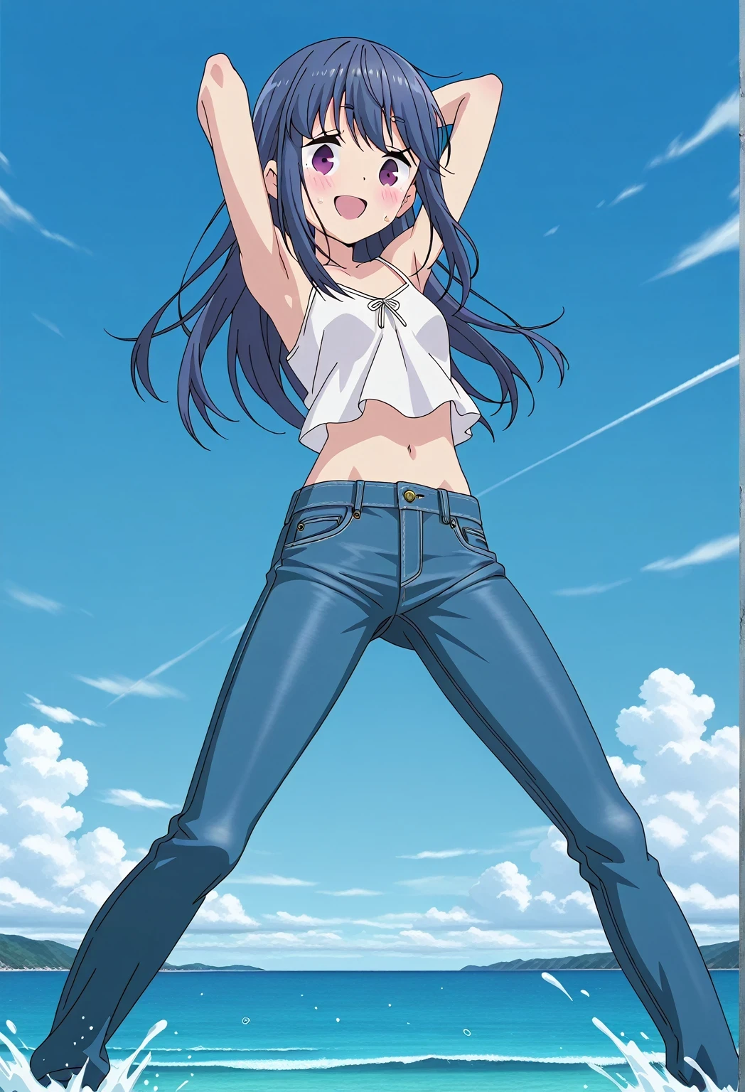 score_9, score_8_up, score_7_up, source_anime, highres, hi res, ((best quality, top quality, perfect quality, Highest Quality, amazing quality)), {{masterpiece}}, {{an extremely delicate and beautiful}}, 2d, intricate details, official style, anime, 8k, anime style, official_anime, official art, digital painting, cell shading, soft shading, high resolution, soothing tones, Subdued Color, Soft cinematic light, adobe lightroom, photolab, HDR, intricately and hyper-detailed, ((high quality animation)), 1 girl, Alone, solo, ((ocean)), tsunami, on the water, day, sunny, outdoors, sky, windy, rin shima, Yurucamp, blue hair, purple eyes, long hair, sidelocks, anime screencap, small breasts, white camisole top, crop top, white crop top, best quality, hyper-detailed jeans, ((blue jeans:1.9)), (dark blue jeans:0.6), full medium body, medium shot, small mouth, Open mouth, smiling, happy face, blush, sweat, standing, ((arms behind head:6.0)), bowlegged, jumping pose, action, looking at viewer, spread legs, Bend knees slightly, straight-on front view