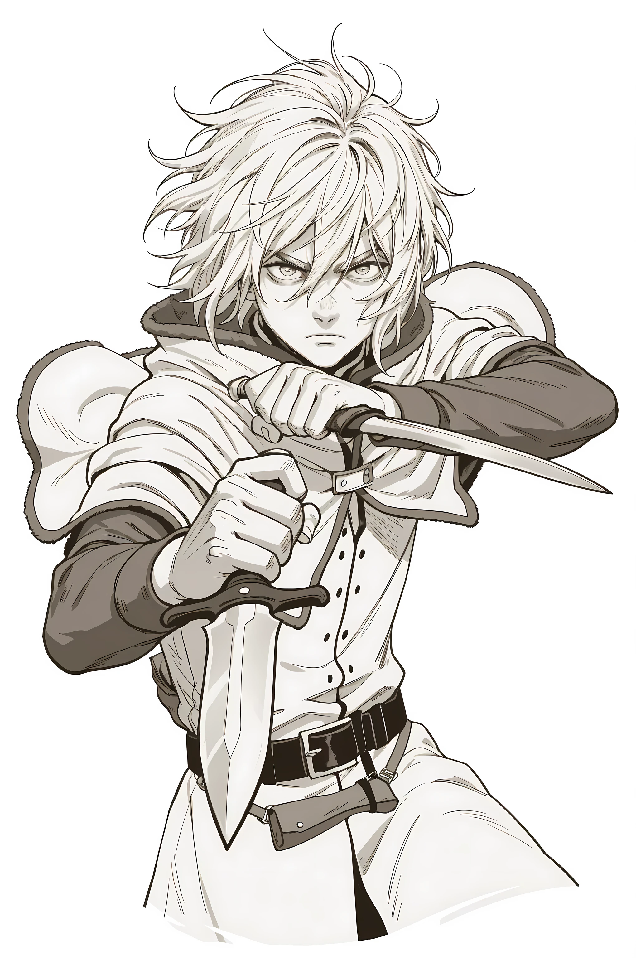1boy, thorfinnvinland, hair between eyes, monochrome, holding dagger both hands, belt, hanging belt bag, looking at viewer, serious expression, young face, thick drawing outlines
