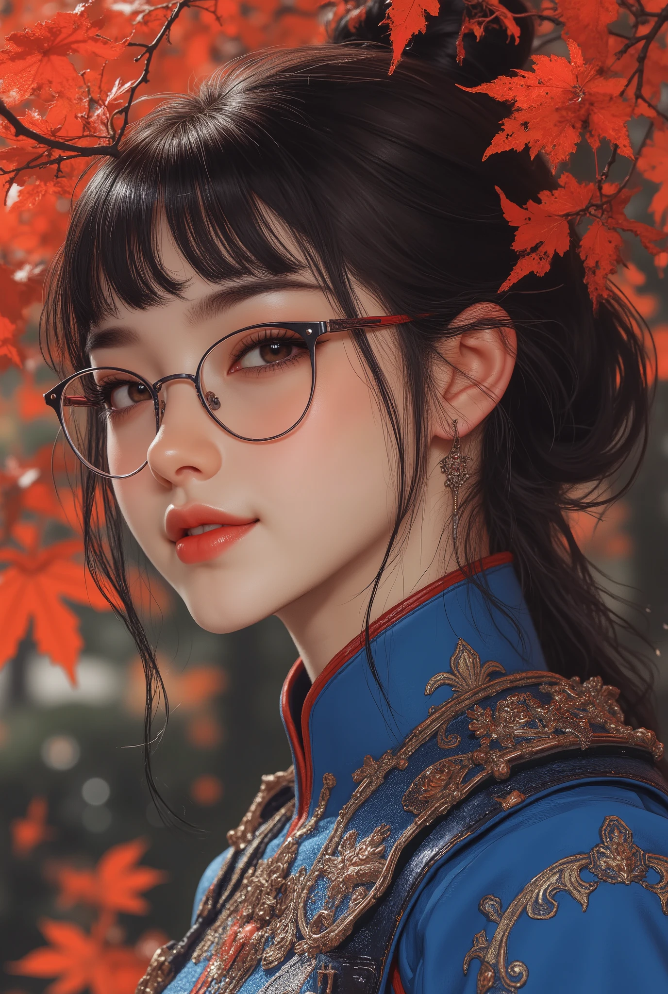 selfie close-up、Oriental beauty with bangs and short black hair wearing stylish glasses is looking at us with a smile、wearing a blue rococo combat uniform、背景は紅葉