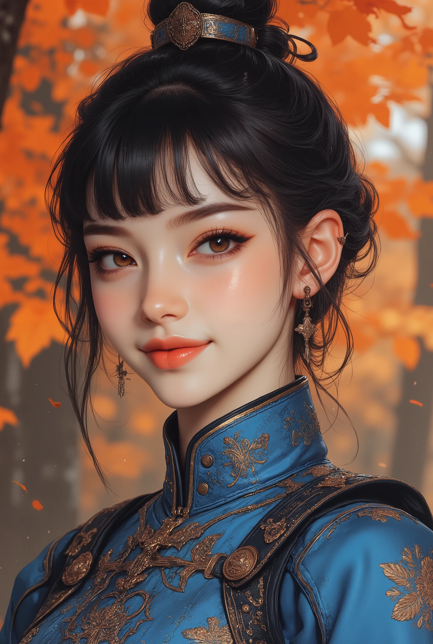 selfie close-up、Oriental beauty with bangs and short black hair looking at us with a smile、wearing a blue rococo combat uniform、背景は紅葉