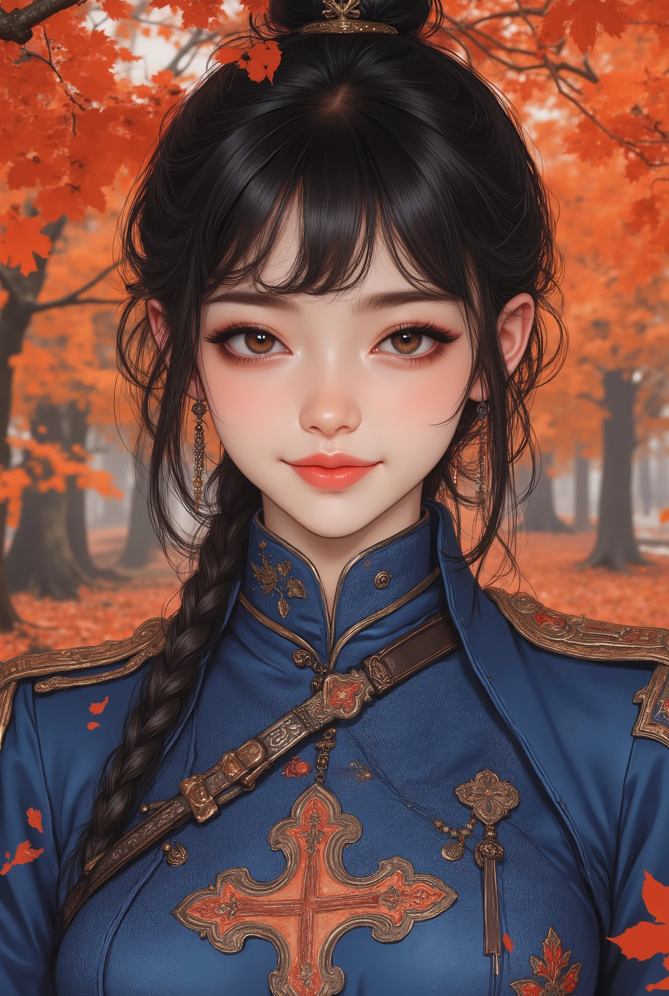 selfie close-up、Oriental beauty with bangs and short black hair looking at us with a smile、wearing a blue rococo combat uniform、背景は紅葉