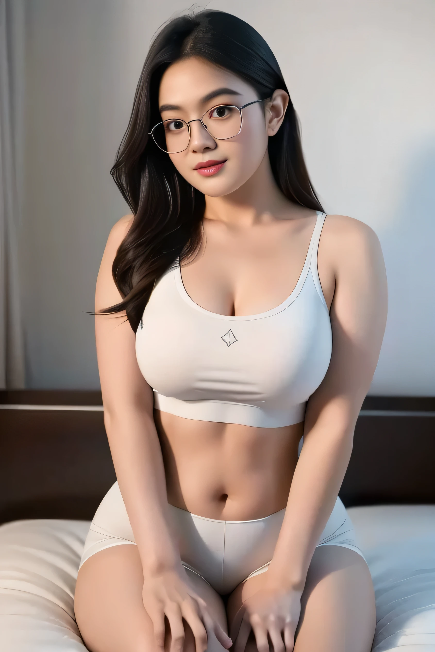 1girl, solo, sensual woman, wearing glasses, clear lighting, (indonesian_high_school), semi-curvy body, bedroom background , pose on bed, sitting straight on bed, looking at the audience, (medium full shot:1.5) , detailed face, detailed, 8k, photo-realistic, high quality, masterpiece, hyper detailed, chiaroscuro, warm lighting, classic portrait, detailed facial features, elegant posture, white colored yoga top, white colored yoga short pants, ambient occlusion, seamless blend, dynamic composition, looking at the audience, looking at viewer