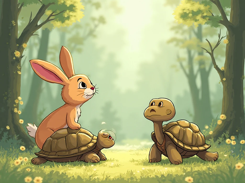 Visuals: The Rabbit and the Turtle are talking together. Rabbit - SeaArt AI