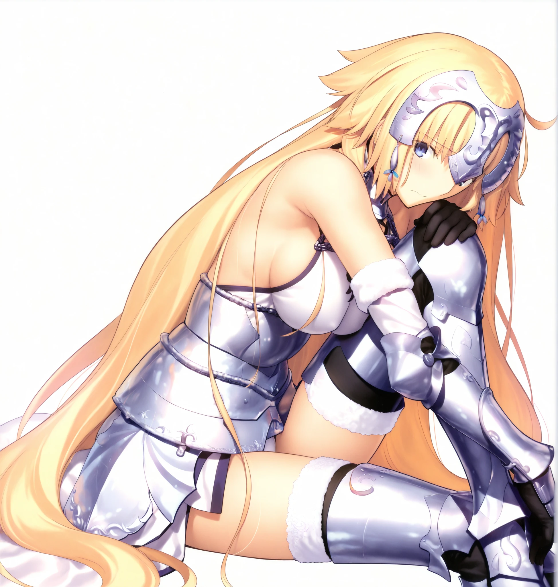 masterpiece, , absurdres, highres, detailed background, high resolution, masterpiece, necessary, detail, best quality, quality, necessary, details, High details, Precise, 8k, ,(white background, simple background ,), side view, upper body,
1girl, , (type-moon) style, ,Takeuchi Takashi style, (aged up),(), (very long legs), white panties slip, head tilt, leaning forward,
very tall girl, girl, slim arms ,<lora:illustrious_XL_Jeanne d'Arc:0.8>, Jeanne, headpiece, straight_hair, headpiece, white costume,armored_boots,sitting,one_knee,hand_on_own_knee,looking_at_viewer, long hair ,blue eyes, blond hair, medium breasts , light embarrassed,