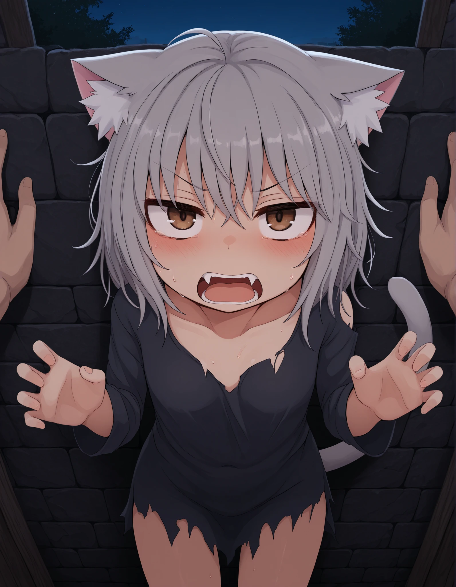 ldl,, 1girl, petite, (skinny and frail:0.7), cat girl, against wall, stone wall, brown eyes,looking at viewer, grey hair, medium hair, messy hair, angry, (scared:0.4), (open mouth:0.5), fangs, hands up, (tearing up:0.5), tail raised, torn clothes, straight-on, dark, night, outdoors, masterpiece,best quality, amazing quality,
