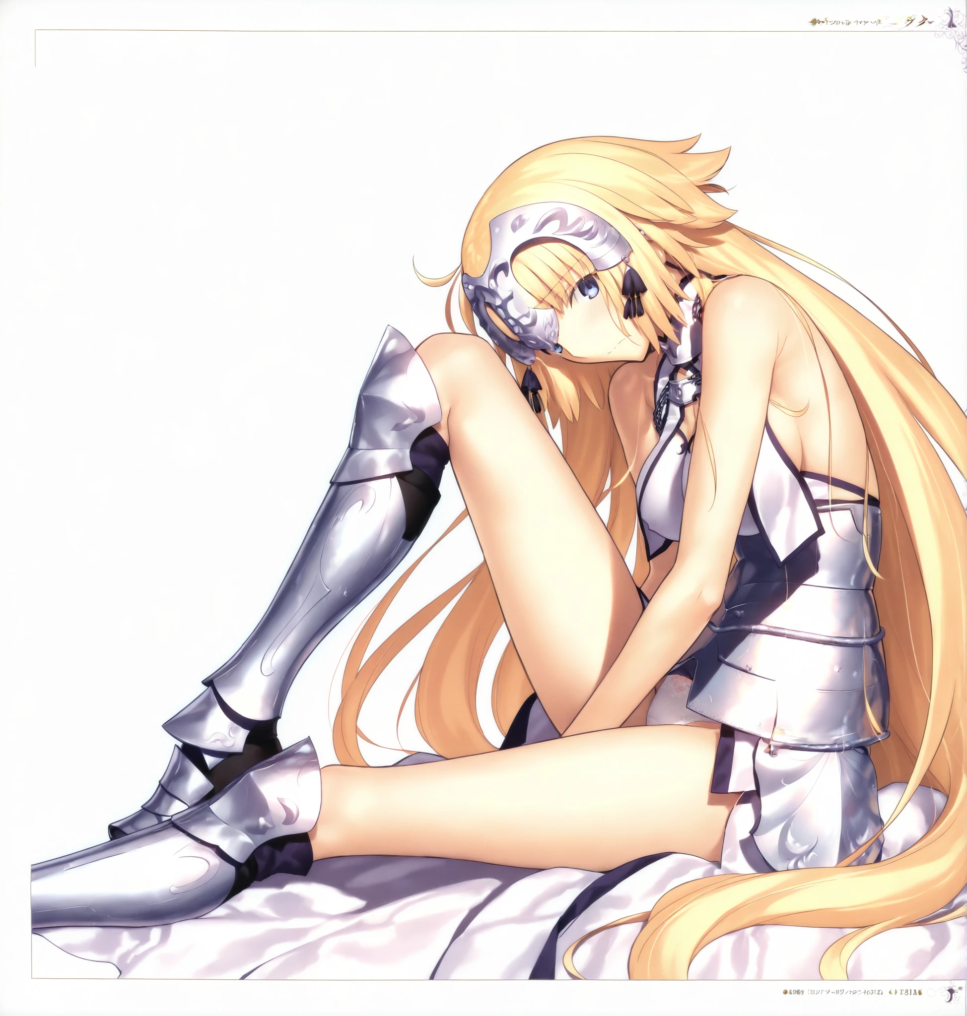 masterpiece, , absurdres, highres, detailed background, high resolution, masterpiece, necessary, detail, best quality, quality, necessary, details, High details, Precise, 8k, ,(white background, simple background ,), from side, upper body,
1girl, , (type-moon) style, ,Takeuchi Takashi style, (aged up),(knee up), (long legs), white panties slip, head tilt, bent over,
very tall girl, girl, slim arms ,<lora:illustrious_XL_Jeanne d'Arc:0.8>, Jeanne, headpiece, straight_hair, headpiece, white costume,armored_boots, sitting, one_knee, ,looking_at_viewer, long hair ,blue eyes, blond hair, medium breasts ,light embarrassed,