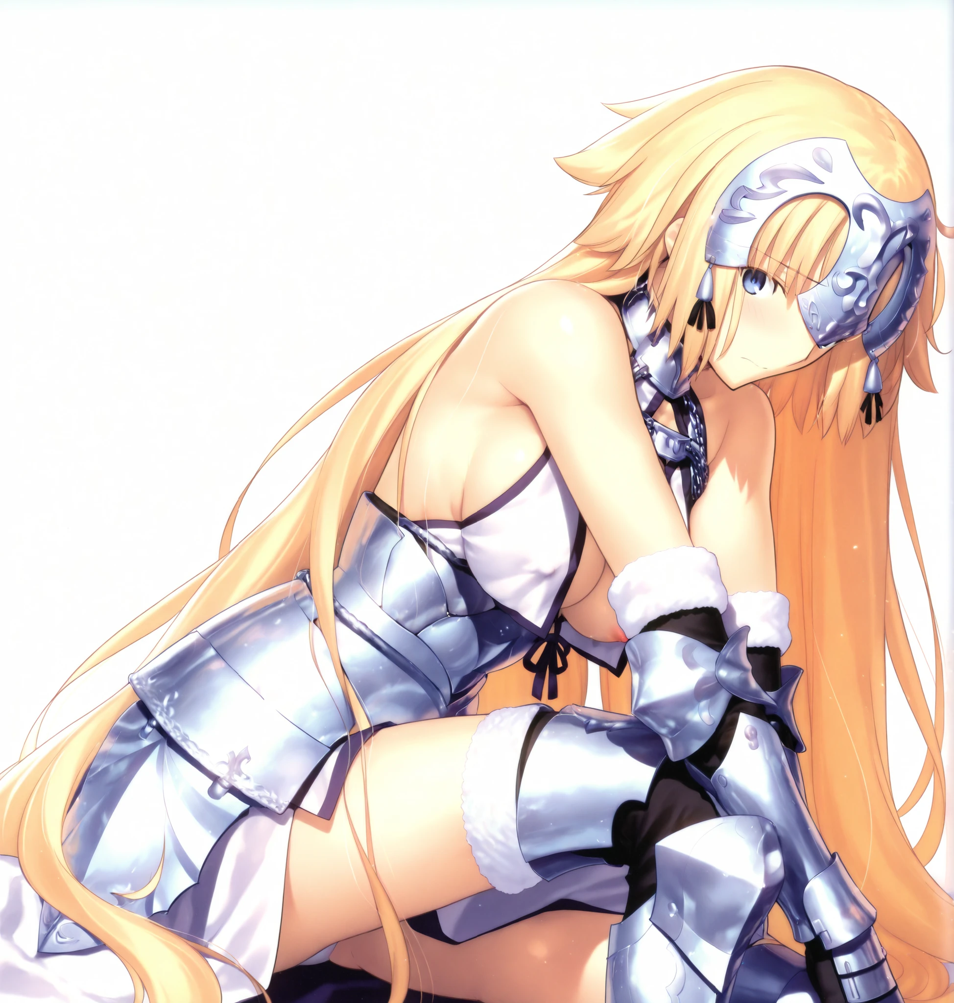 masterpiece, , absurdres, highres, detailed background, high resolution, masterpiece, necessary, detail, best quality, quality, necessary, details, High details, Precise, 8k, ,(white background, simple background ,), side view, upper body,
1girl, , (type-moon) style, ,Takeuchi Takashi style, (aged up),(), (very long legs), white panties slip, head tilt, leaning forward,
very tall girl, girl, slim arms ,<lora:illustrious_XL_Jeanne d'Arc:0.8>, Jeanne, headpiece, straight_hair, headpiece, white costume,armored_boots,sitting,one_knee,hand_on_own_knee,looking_at_viewer, long hair ,blue eyes, blond hair, medium breasts , light embarrassed, nipple slip,