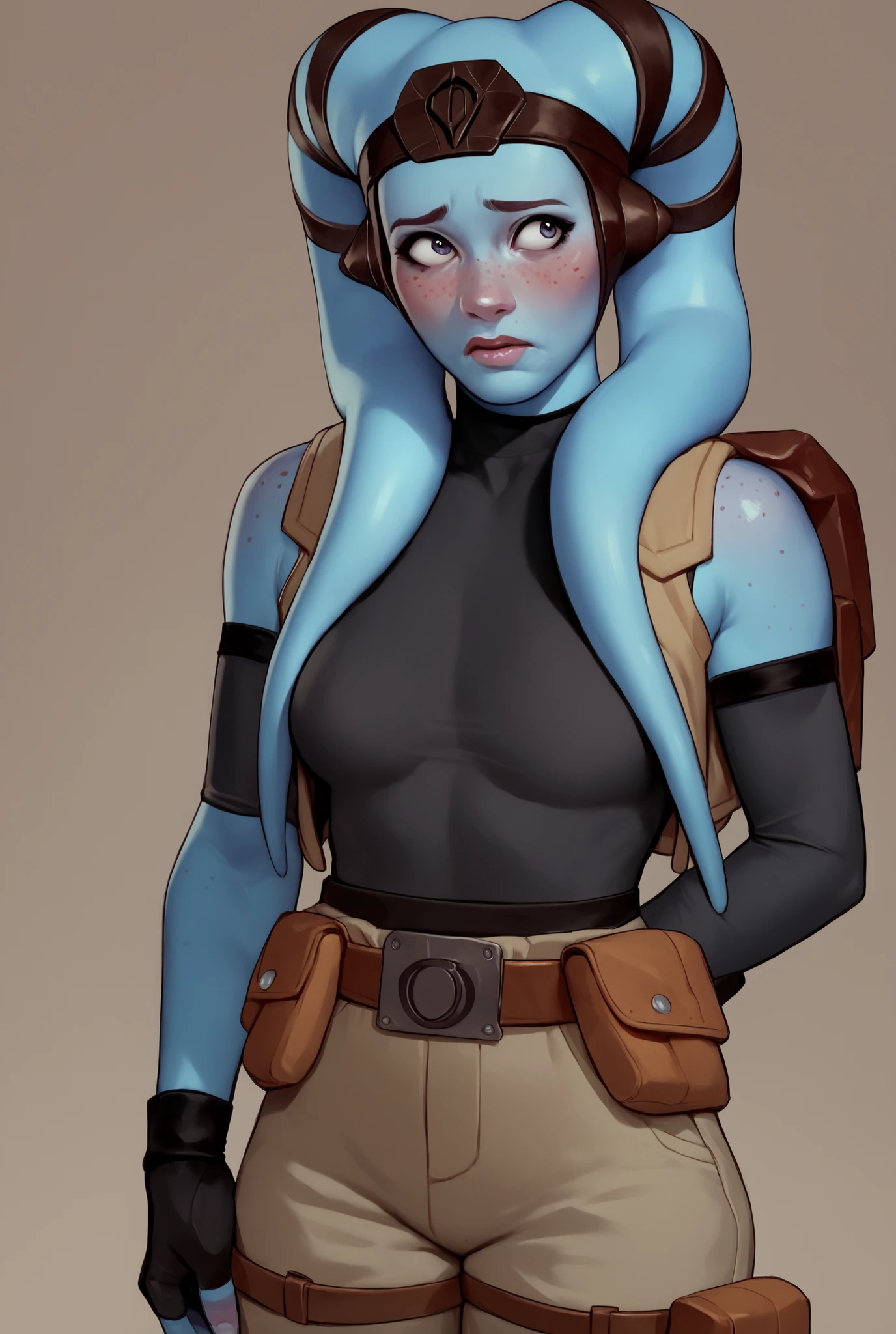 Twi'lek, ((dark blue skin)), medium breasts, black bodysuit, shoulderpads, seductive pose, belt, ((shy)), freckles, (body freckles), ((cargo bay))