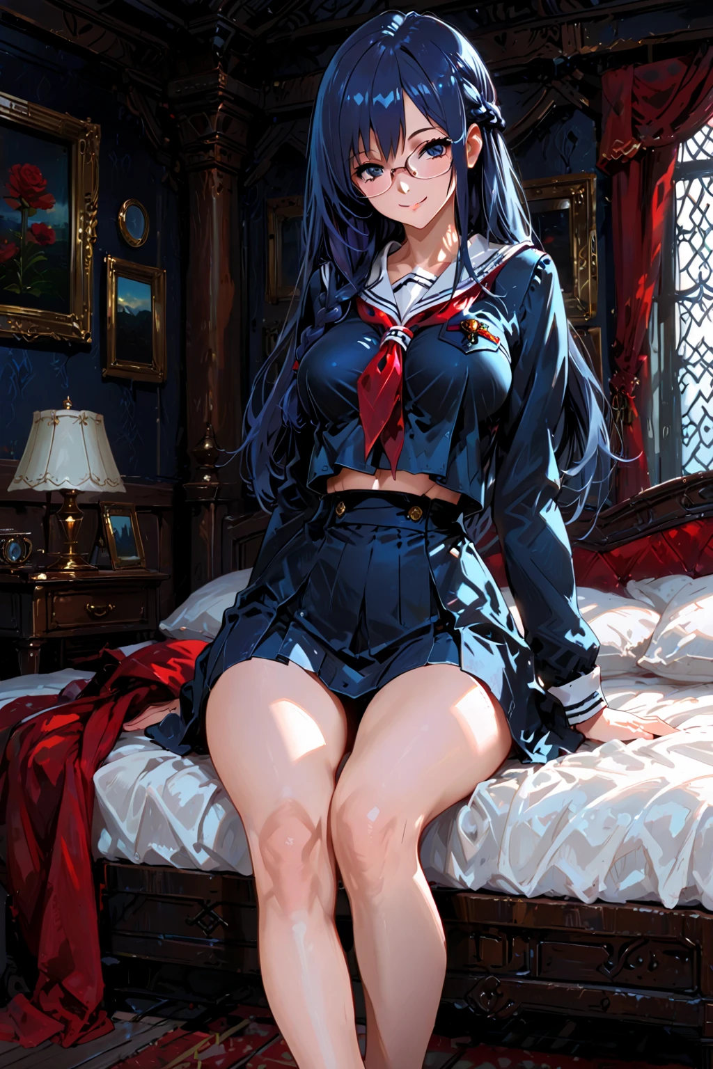 ((masterpiece)), absurdres, high resolution, ((best illustration)), ((super fine illustration)), (official art:0.7), anime keyvisual, perfect ???????, 8k portrait, 
((1girl)),
Suzune Horikita, 
??????????????, 
(red jacket, shirt formal, white skirt, pleated skirt, black thigh-high socks), 
cowboy shot, BREAK ????, lie on the bed, ???????????, show panties, skirt lift, shy, (seductive pose:1.3), 
perfect light, background of indoor, 