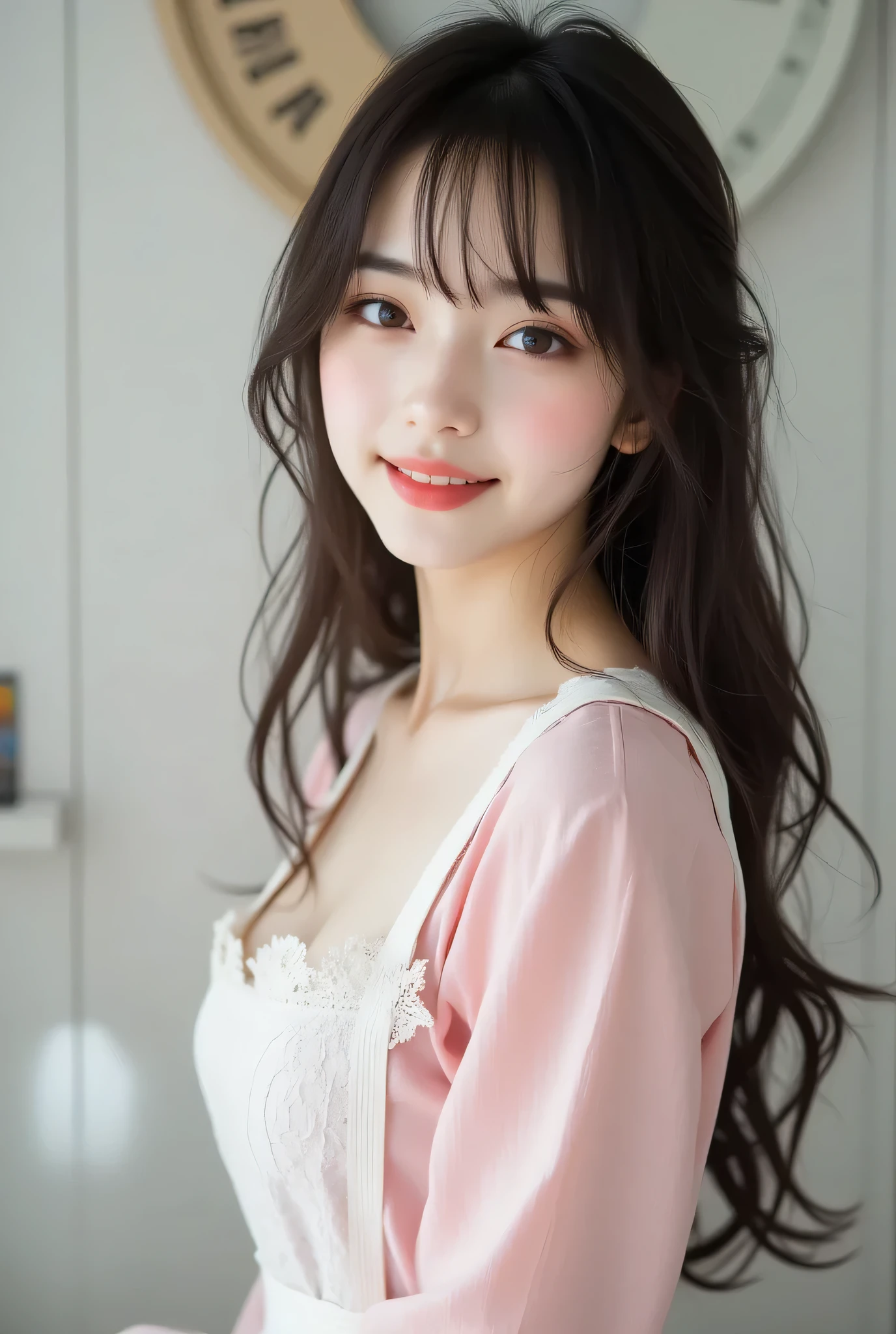 ((Highest Quality、masterpiece、high sensitivity、high resolution、detailed description、Delicate Expression、F value :6.0))、(Rear view),(Looking Back),((slender woman))、advanced digital art、kitchen room、white lace blouse 、(underwear is visible),white apron、long legs、Pink dress with open chest、Happy Smiles、