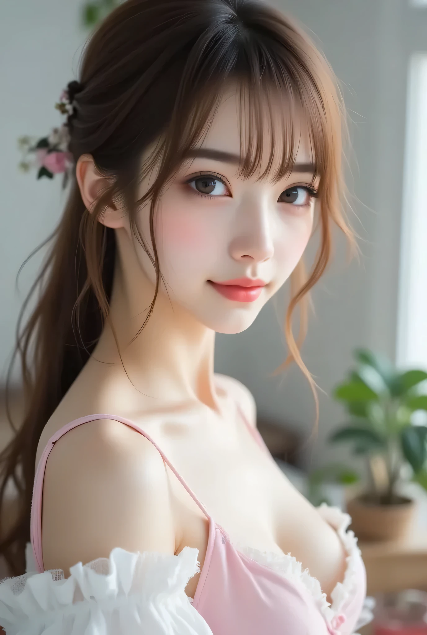 ((Highest Quality、masterpiece、high sensitivity、high resolution、detailed description、Delicate Expression、F value :6.0))、(Rear view),(Looking Back),((slender woman))、advanced digital art、kitchen room、white lace blouse 、Tulle Skirt、(underwear is visible from under the skirt)white apron、long legs、Pink dress with open chest、Happy Smiles、