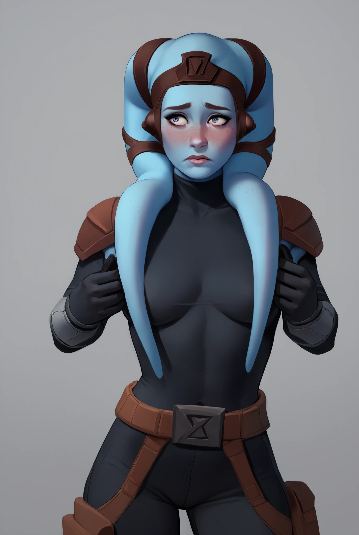 Twi'lek, ((dark blue skin)), medium breasts, black bodysuit, shoulderpads, seductive pose, belt, ((shy)), freckles, (body freckles), ((starship cargo bay))