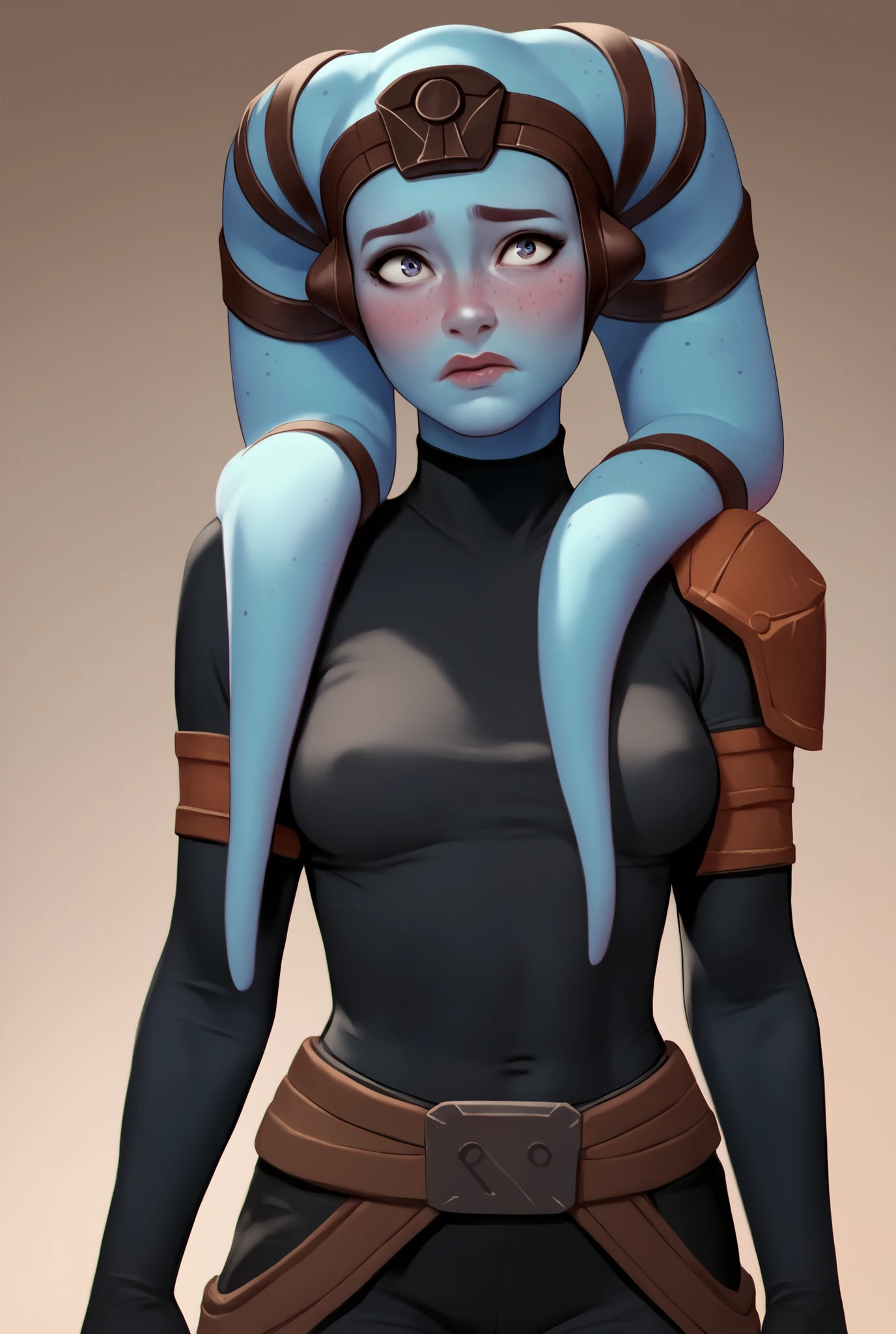 Twi'lek, ((dark blue skin)), medium breasts, black bodysuit, shoulderpads, seductive pose, belt, ((shy)), freckles, (body freckles), ((starship cargo bay))