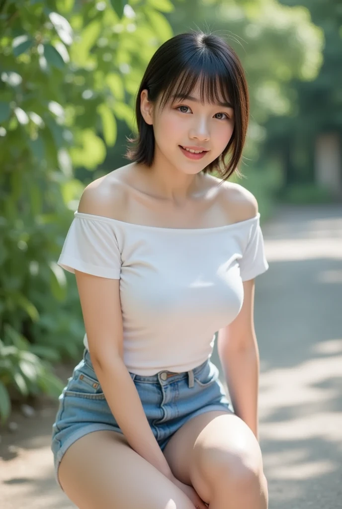 masterpiece, high-quaiity,(Correct Anatomy),Raw Photos, Photorealistic、Cute face,(well-proportioned face:1.5)、Embarrassed look,High resolution,Super detailed,Fine details,Very detailed,very realistic eyes and face,Sexy look,Mouth open,smile,wink,Realistic students,Sharp Focus,natural light,in the morning,day light,high quality,(Japanese)、Cute Korean idol style,Black Hair,(White cotton off-shoulder),(Checked mini skirt),(no pantie),((The front of the body is facing the camera))、the body foward to camera,sitting on a busy sidewalk,((spread legs wide)),Spreading her legs、Sitting with knees up,legs lift up,(Lifting up her skirt),(17years old),17 years old、(girl),solo,short cut,Short Hair,Knees spread wide,(Thighs wide apart),(Looking at the camera),flat chest,Narrow waist