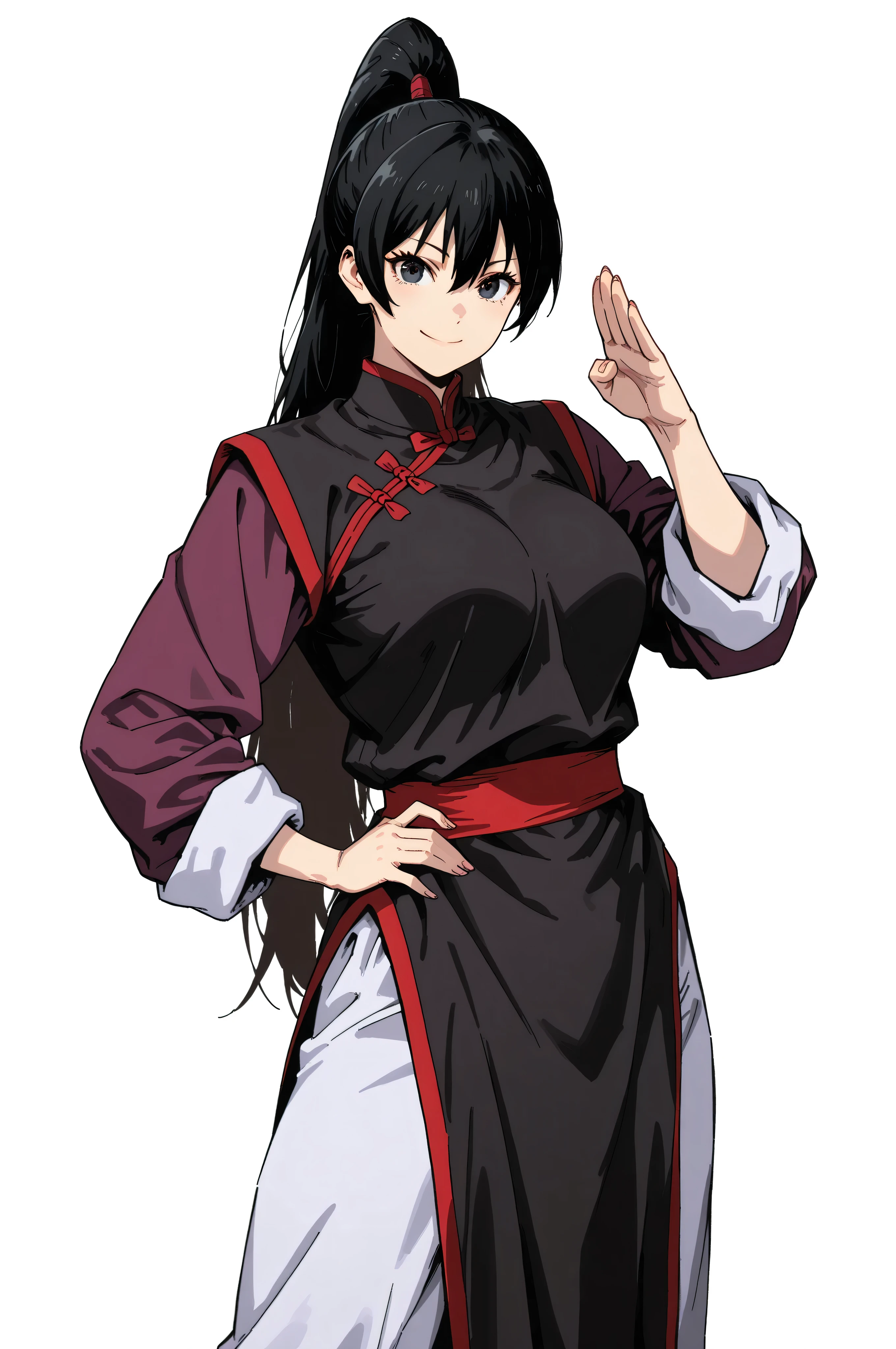 gsfghtr, multicolored robe, chinese clothes,KungFuUniform,score_9, score_8_up, score_7_up, gsfghtr, 1girl, smile serious, long ponytail, kohei horitoshi, white background, mature female, breasts, kung fu master, view from head to thigh, hand on hip, offer hand pose,