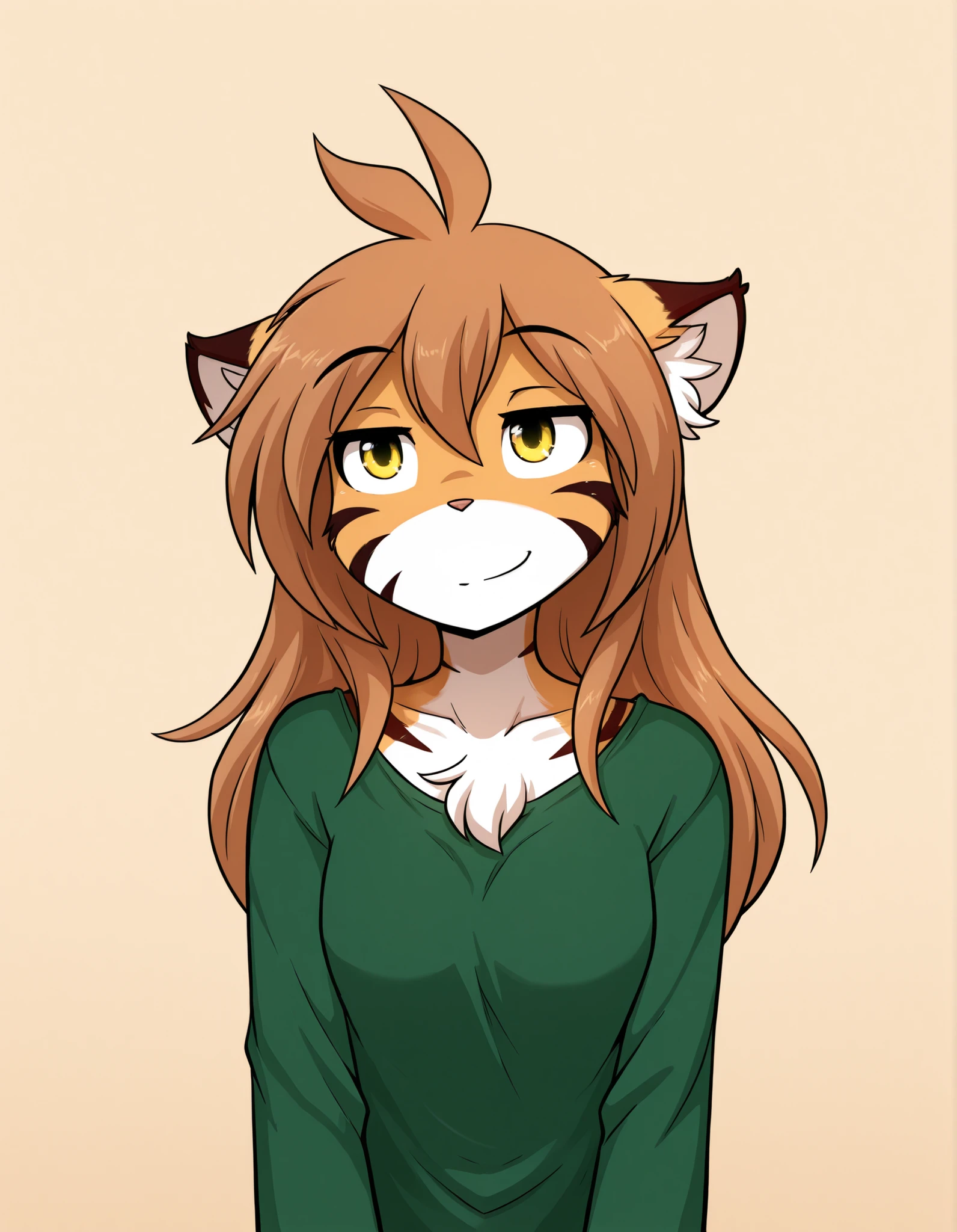 ldl,, furry, solo, flora-twokinds, flora_twokinds,, tiger, striped fur, keidran, yellow eyes, anthro, simple background,,, green shirt