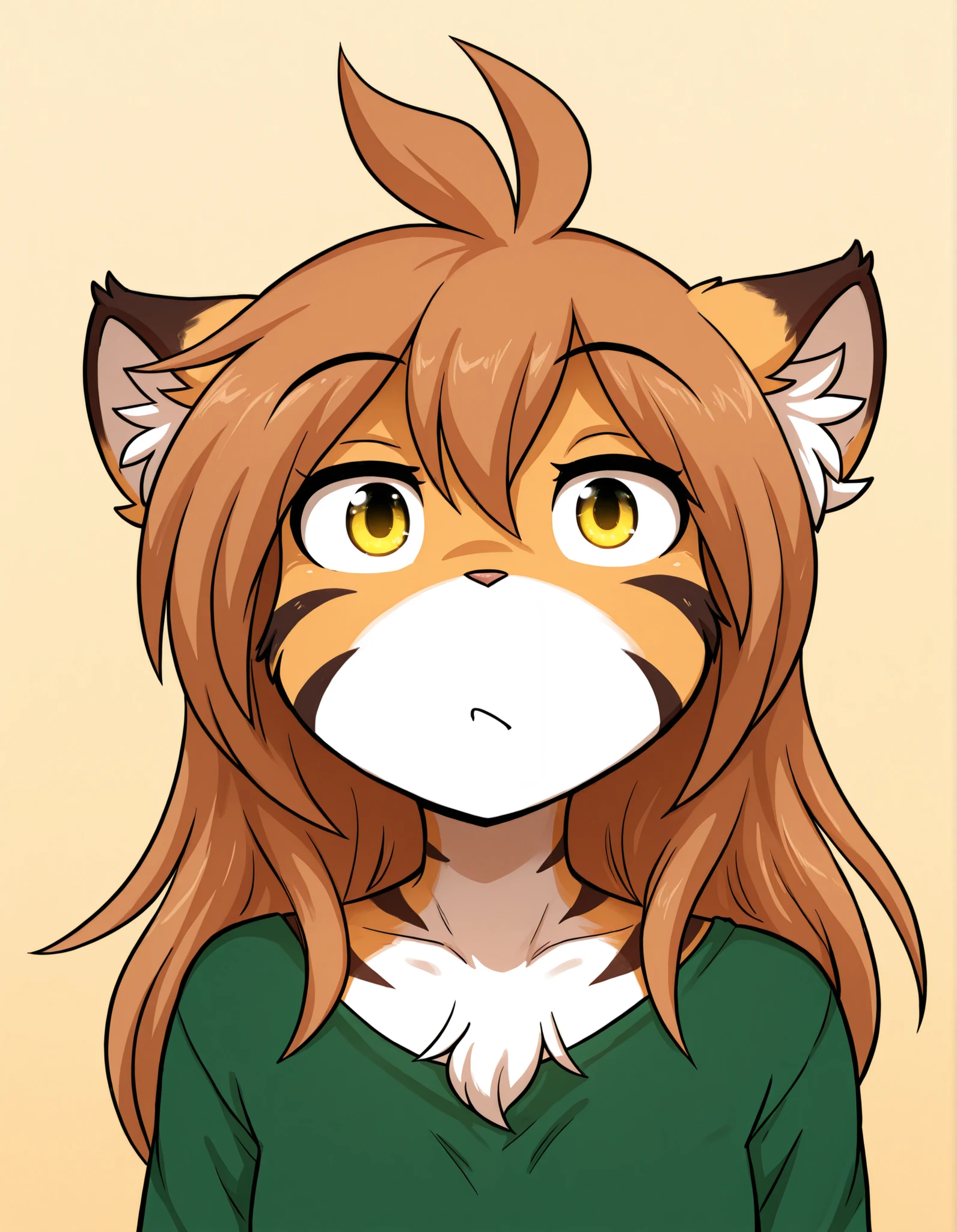 ldl,, furry, solo, flora-twokinds, flora_twokinds,, tiger, striped fur, keidran, yellow eyes, anthro, simple background,,, green shirt