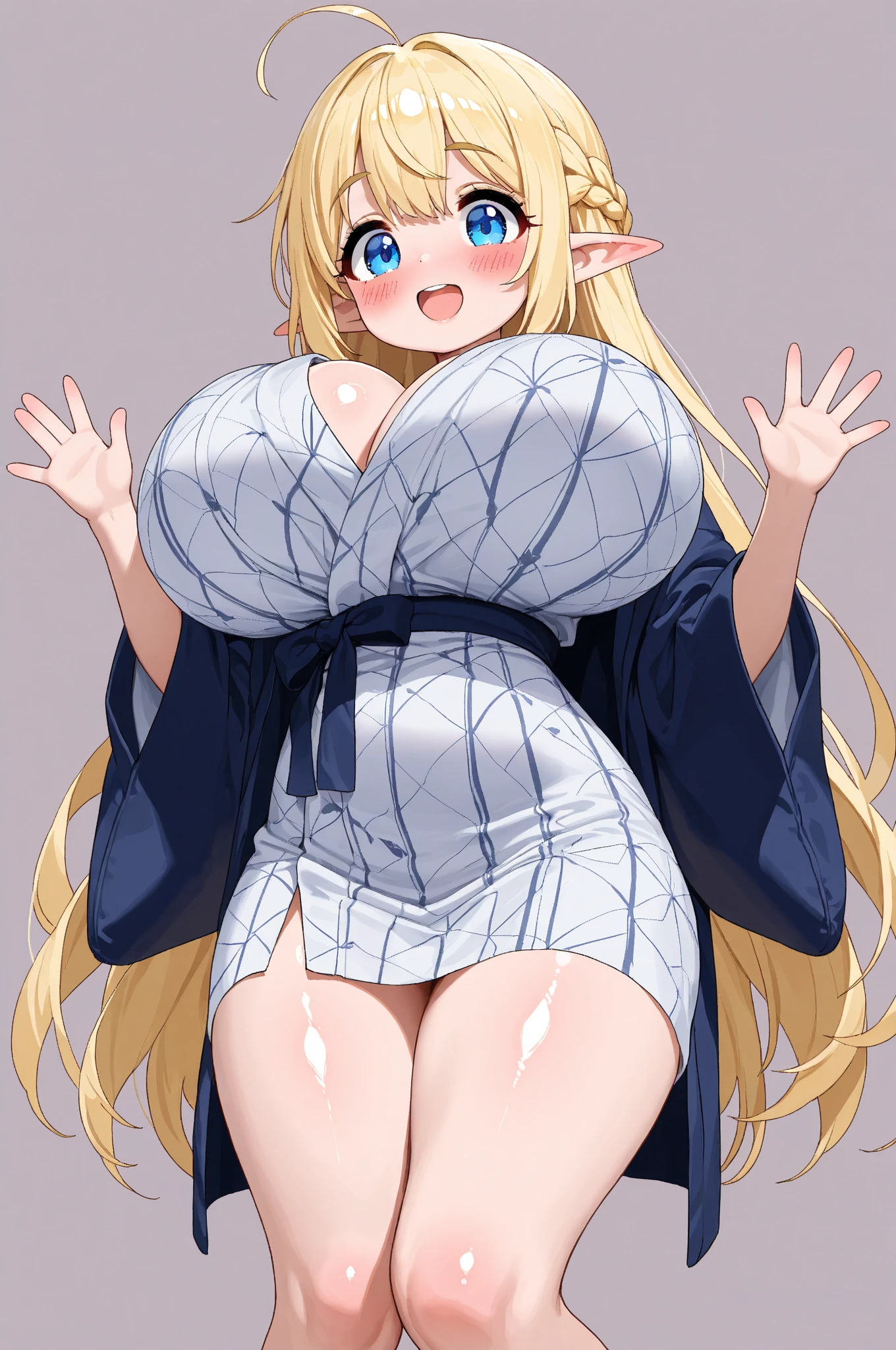 Anime Screenshot, masterpiece, Tops, 1girl, Alone,  ass, shy, gap-mouthed orgy, blushing, only upper teeth, very long hair, blond hair, Green eyes, split bangs, straight bangs, choke, ,white and blue nun outfit, nun, giant breasts, huge ass, very big thighs, sweating, pose sexy, v arms , standing, watching the spectator, shot of a cowboy, blurred background, outdoor, East Asian architecture,  underwear. ((no imperfections)), ((close view)), hot.
