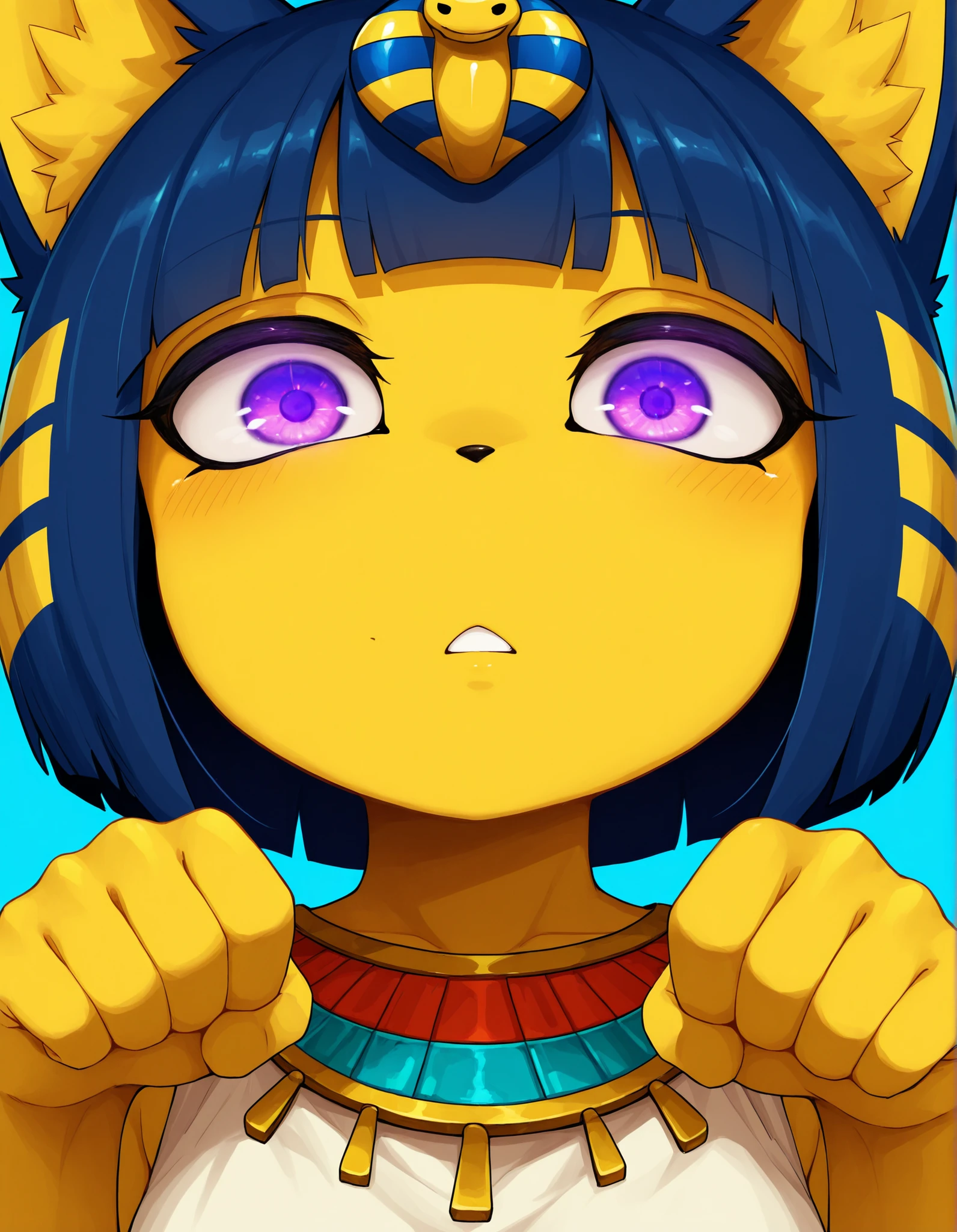 ldl,, depth of field, 1girl, furry, ankha \(animal crossing\), expressionless, eye reflection, yellow background, yellow theme, blue background, desert,, purple eyes, glowing eyes, wide-eyed, paw pose, looking at viewer, close-up, parted lips,