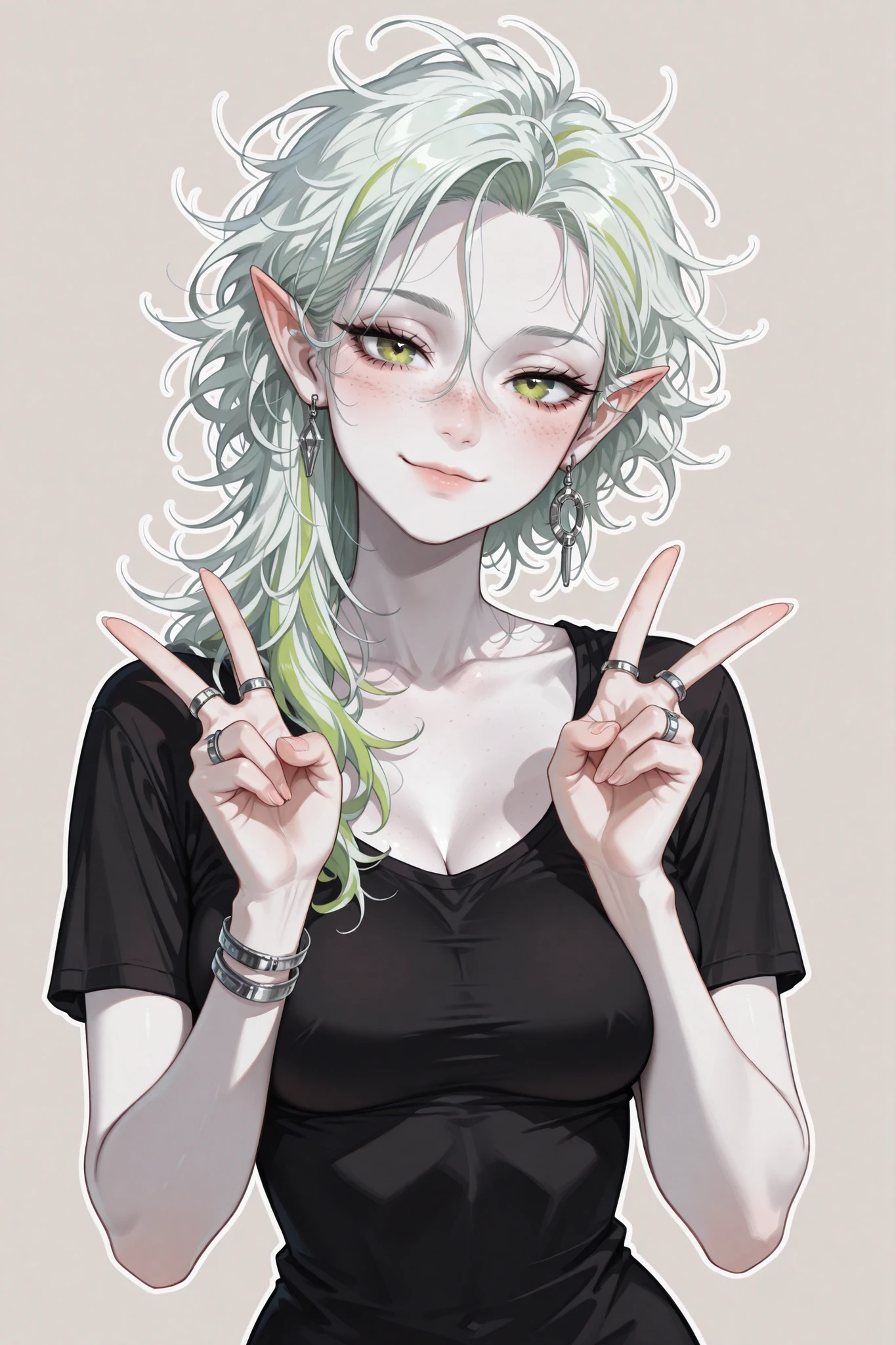 (masterpiece), best quality, expressive eyes, perfect face,1 girl, young woman, short hairs, gold eyes, looking at viewer, cowboy shot, seductive pose, serious, medium breasts, (( black t shirt, silver earring, silver rings, ruby ring, oversized, asymmetrical hair, messy hairs, peace sign with hands, silver rings, upper body, mid shot, front view, looking at viewer, pointy ears)), (( green eyes, white hairs with green highlights, short hairs, freckles, long hairs, smiling, seductive eyes, pale white skin, medium breasts, parted hairs)), (plain background), semi realistic, Balletcore, white outline, standing